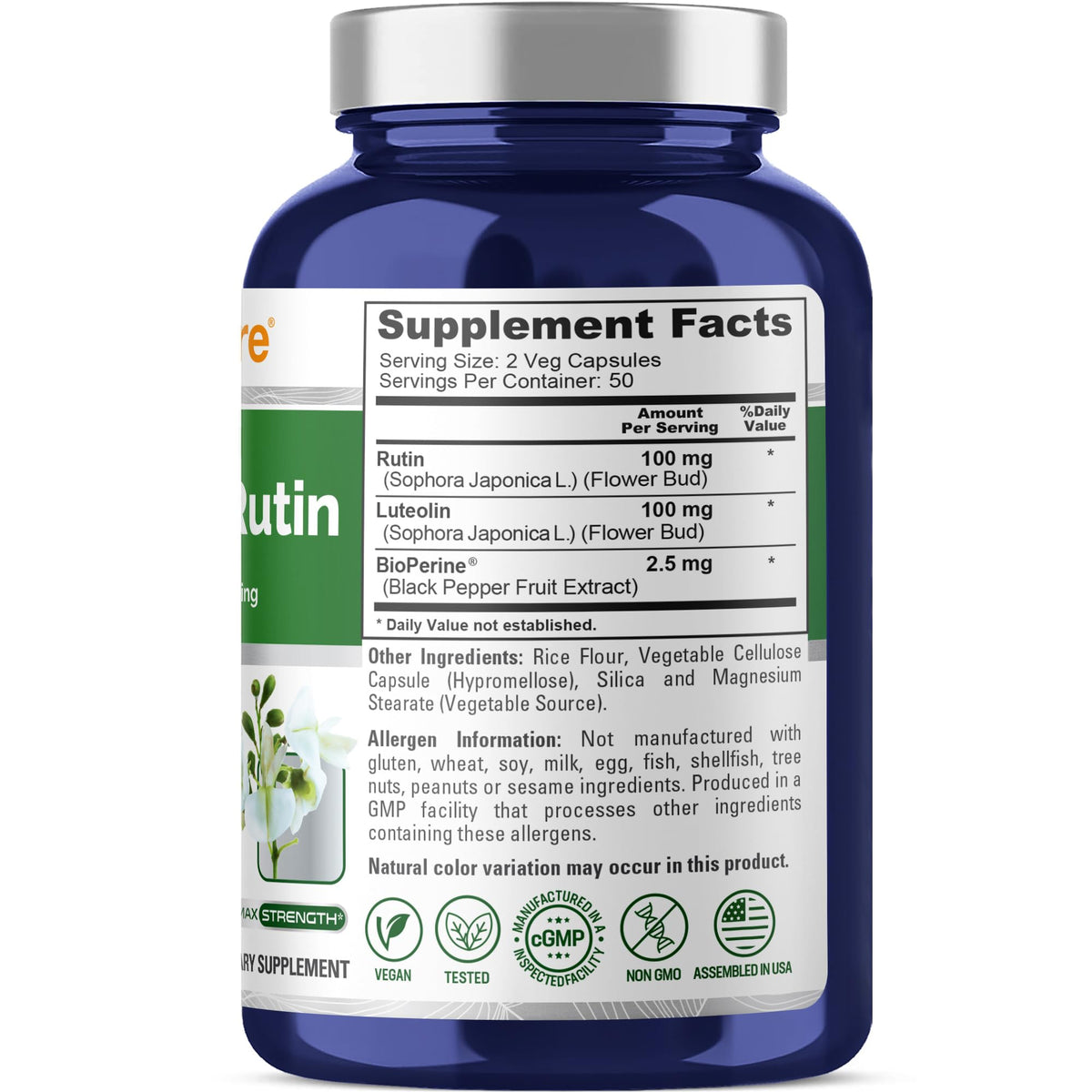 NusaPure Luteolin Complex with Rutin 200 mg | 100 Capsules | Vegetarian, Non-GMO & Vegan Flavonoid Formula NusaPure
