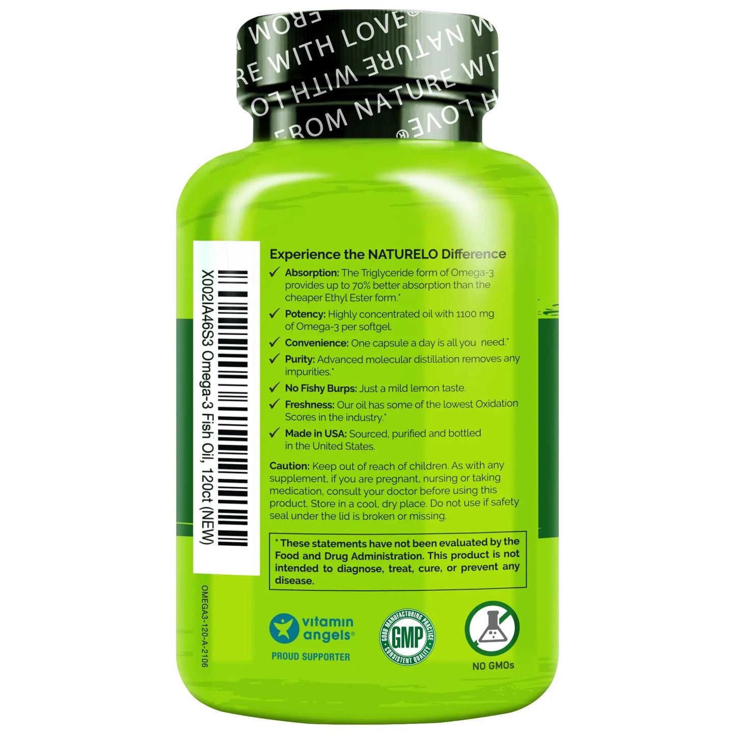 NATURELO Burpless Omega 3 Fish Oil Supplement - 1100mg Triglyceride Omega-3, EPA + DHA, Liquid Fish Oil for Heart, Eye, Brain, Joint Health NATURELO