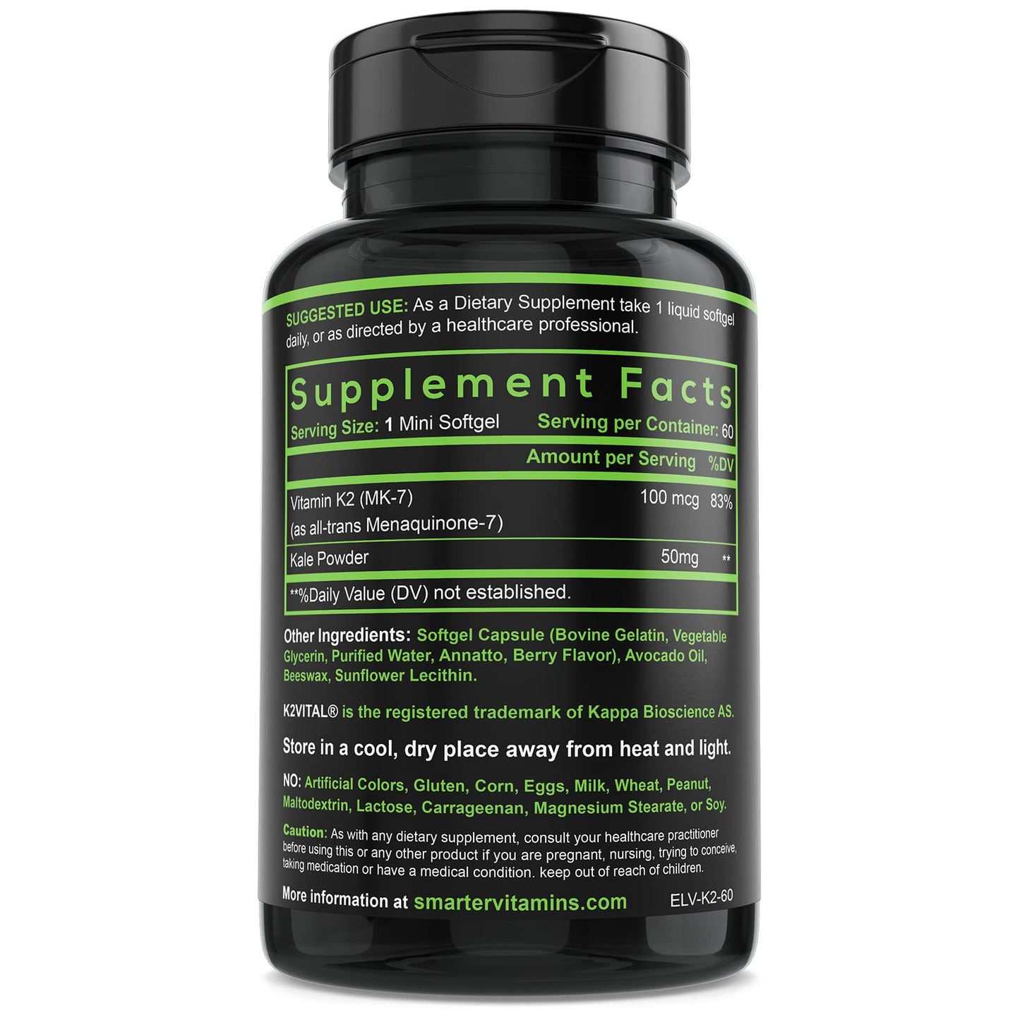 Smarter Vitamin K2 MK7 100mcg, Made with K2VITAL and Kale, 60 Liquid Softgels SmarterVitamins