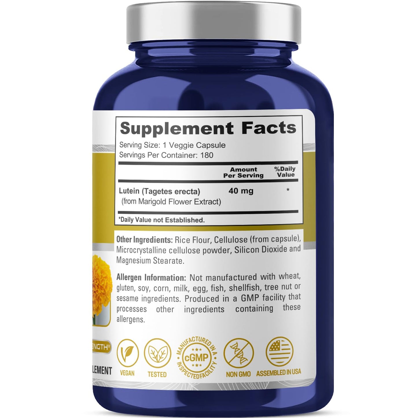 NusasPure Lutein - Suitable for Vegetarian/Vegan, Non - GMO - 40 mg - 180 Capsules NusaPure