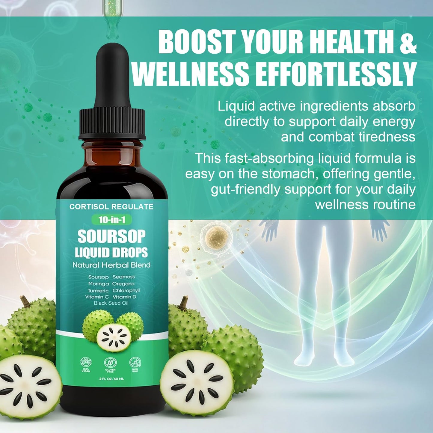 CORTISOL REGULATE Soursop Liquid Drops, 10-in-1 Blend with Sea Moss, Moringa, Turmeric, Black Seed Oil, Oregano, and More, 2 fl oz (1 Pack) CORTISOL REGULATE