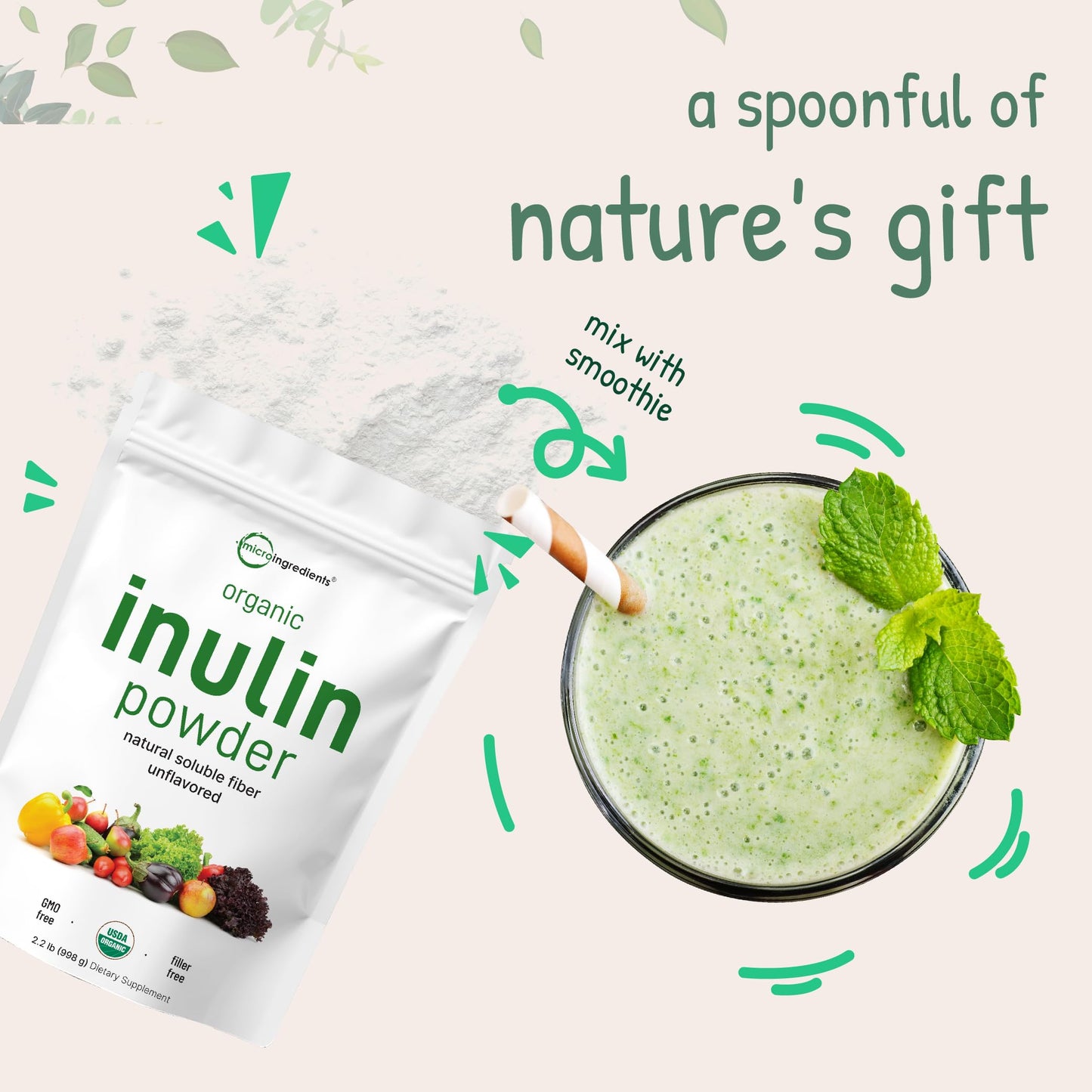 Micro Ingredients Organic Inulin FOS Fiber Powder, 2.2 lbs | Quick Water-Soluble Prebiotic | Natural Fiber for Smoothies & Drinks | Vegan Friendly, Dissolves Clear Micro Ingredients