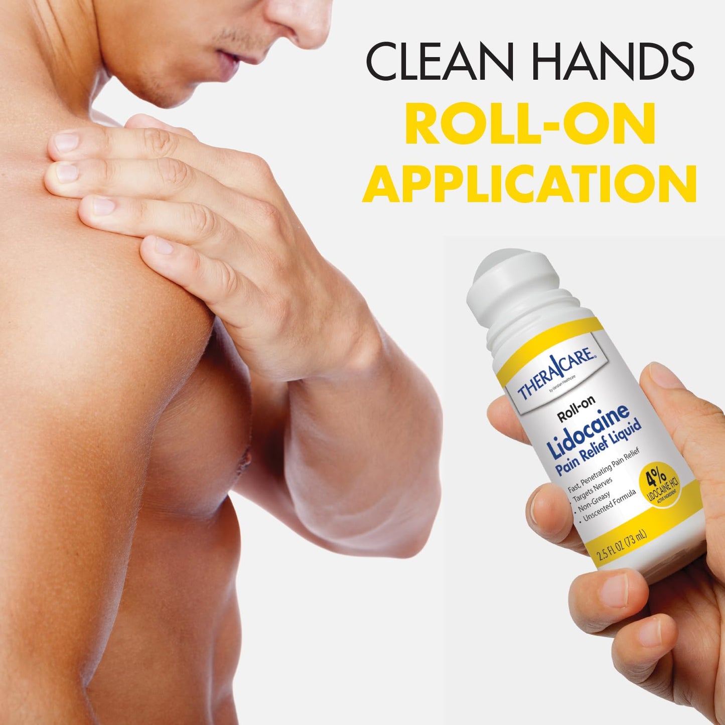 TheraCare 4% Lidocaine Roll-On | OTC Strength | Pain Relief Liquid | 2.5 oz. 73 mL | Non-Greasy, Unscented Formula | Topical Anesthetic Thera Care