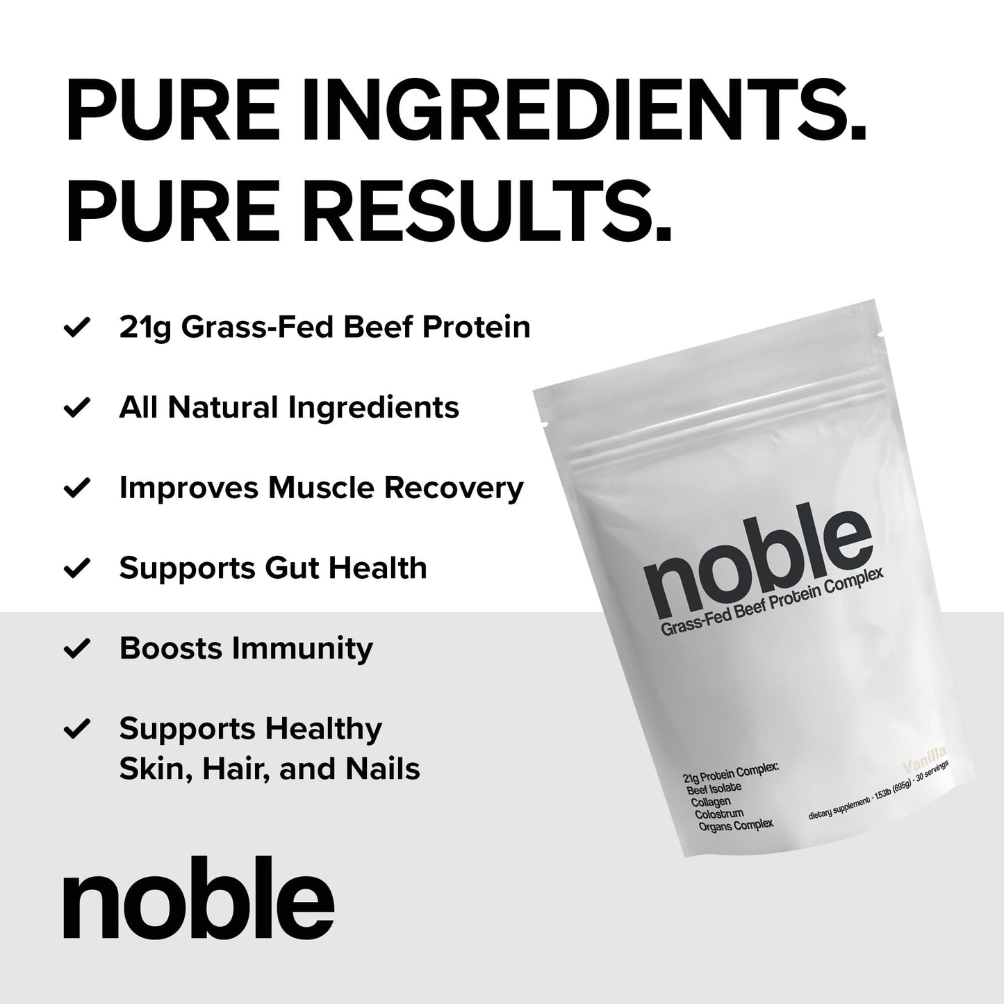 Noble Grass Fed Beef Protein Powder | Beef Protein w/Collagen, Colostrum, Organ Blend | Carnivore, Keto Friendly | Whey, Gluten Free | Muscle, Gut Health, Skin, Joint Support | 30 Servings, Vanilla Noble Origins