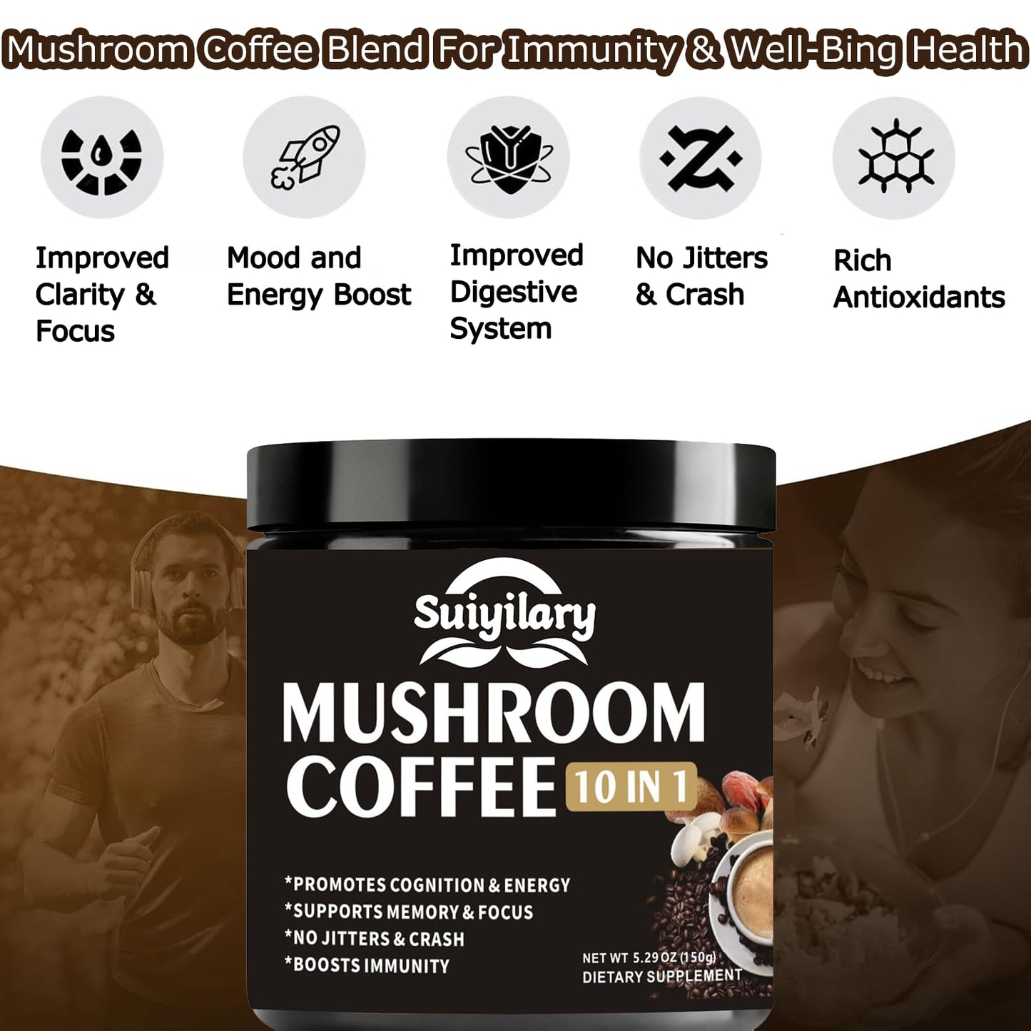 Suiyilary Mushroom Coffee, 10 Mushroom Extract Powder Blend Lion's Mane, Reishi, Chaga Suiyilary