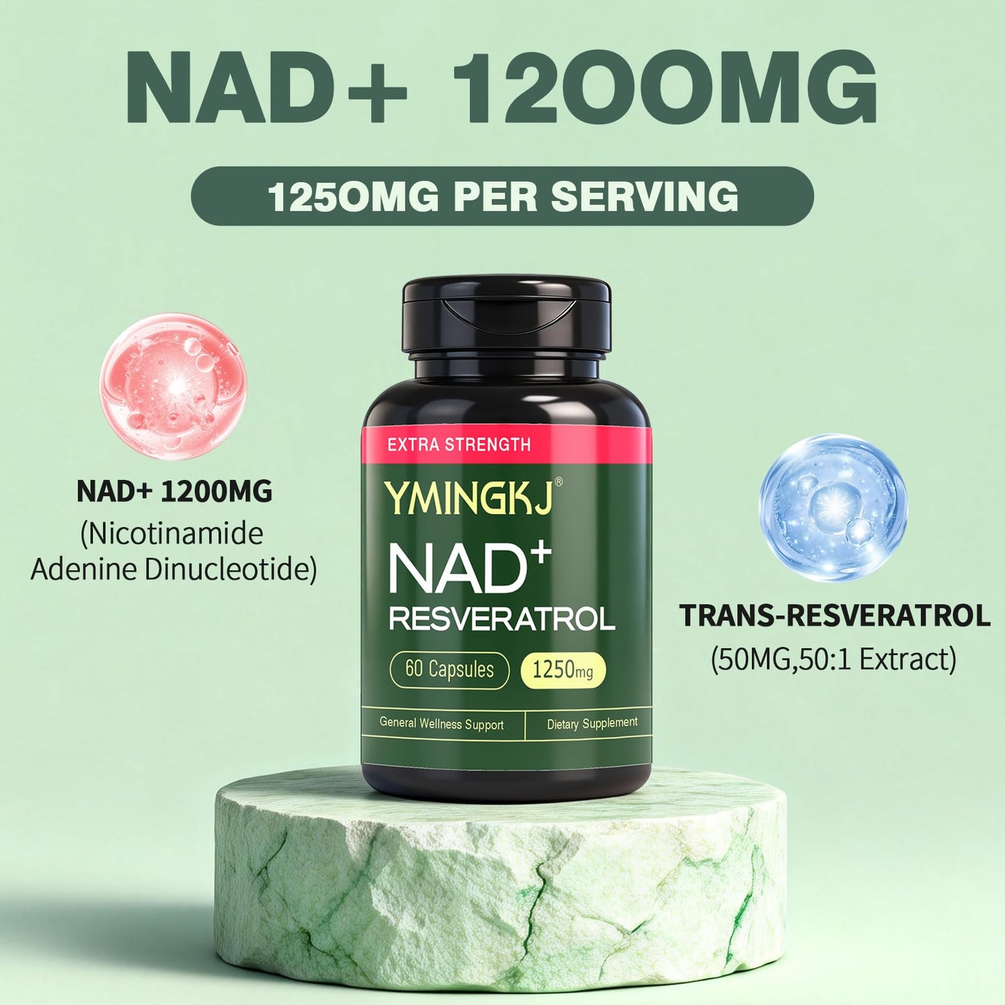 YMINGKJ NAD+ Supplement with Resveratrol 1200mg – Nicotinamide Adenine Dinucleotide & Trans-Resveratrol 50mg, Anti-Aging Cellular Energy & Metabolism Support, 60 Vegetarian Capsules (30 Servings) YMINGKJ