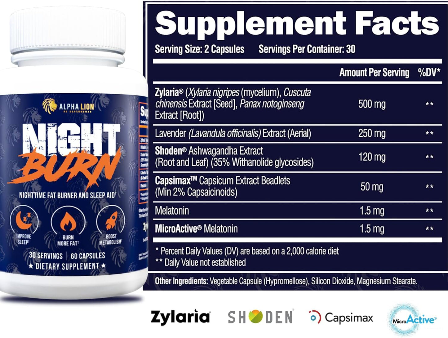 ALPHA LION Night Burn, Metabolism Booster for Weight Loss, Less Body Fat, More Muscle, Promotes Lean Body, Calorie Burning Supplement, Relax Better, Promote Healthy Cortisol (60 Capsules)
