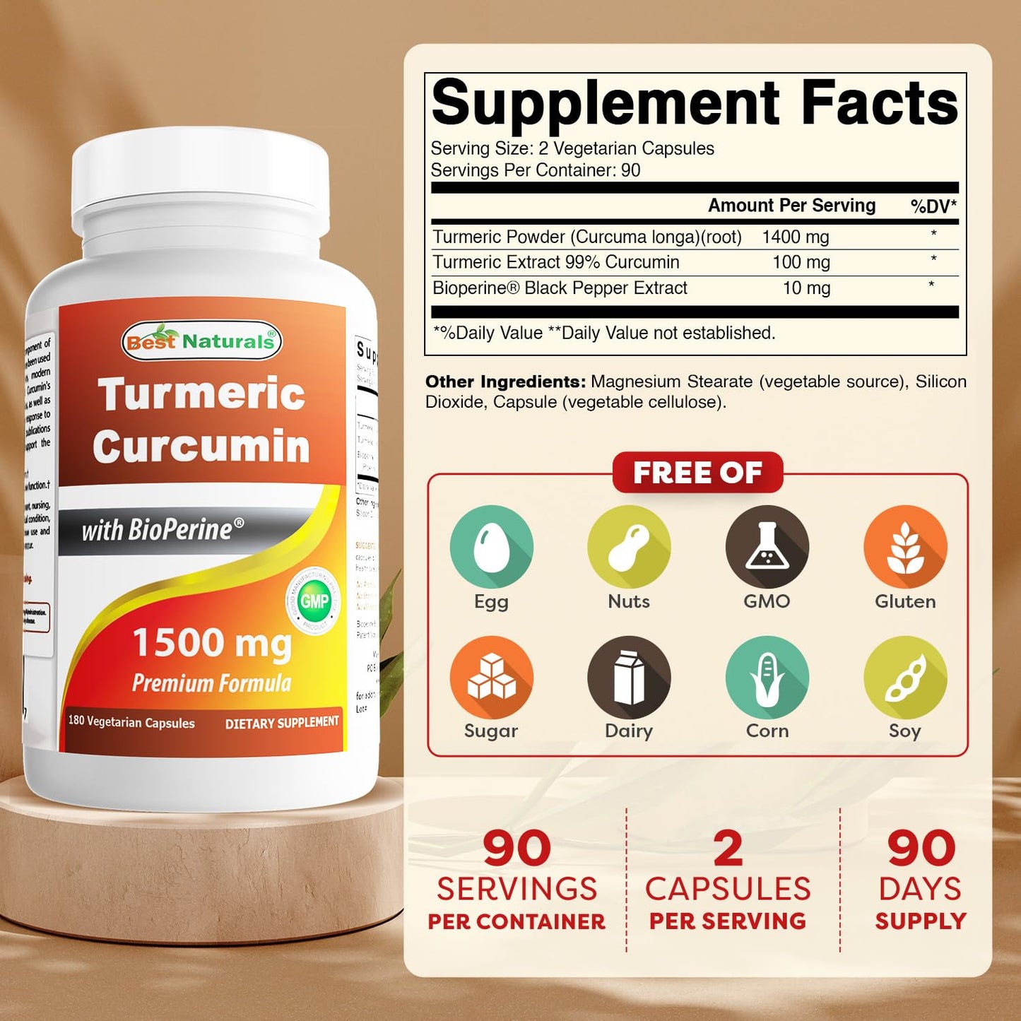 Best Naturals Turmeric Curcumin 1500mg/Serving with Bioperine - 180 Veggie Capsules Best Naturals