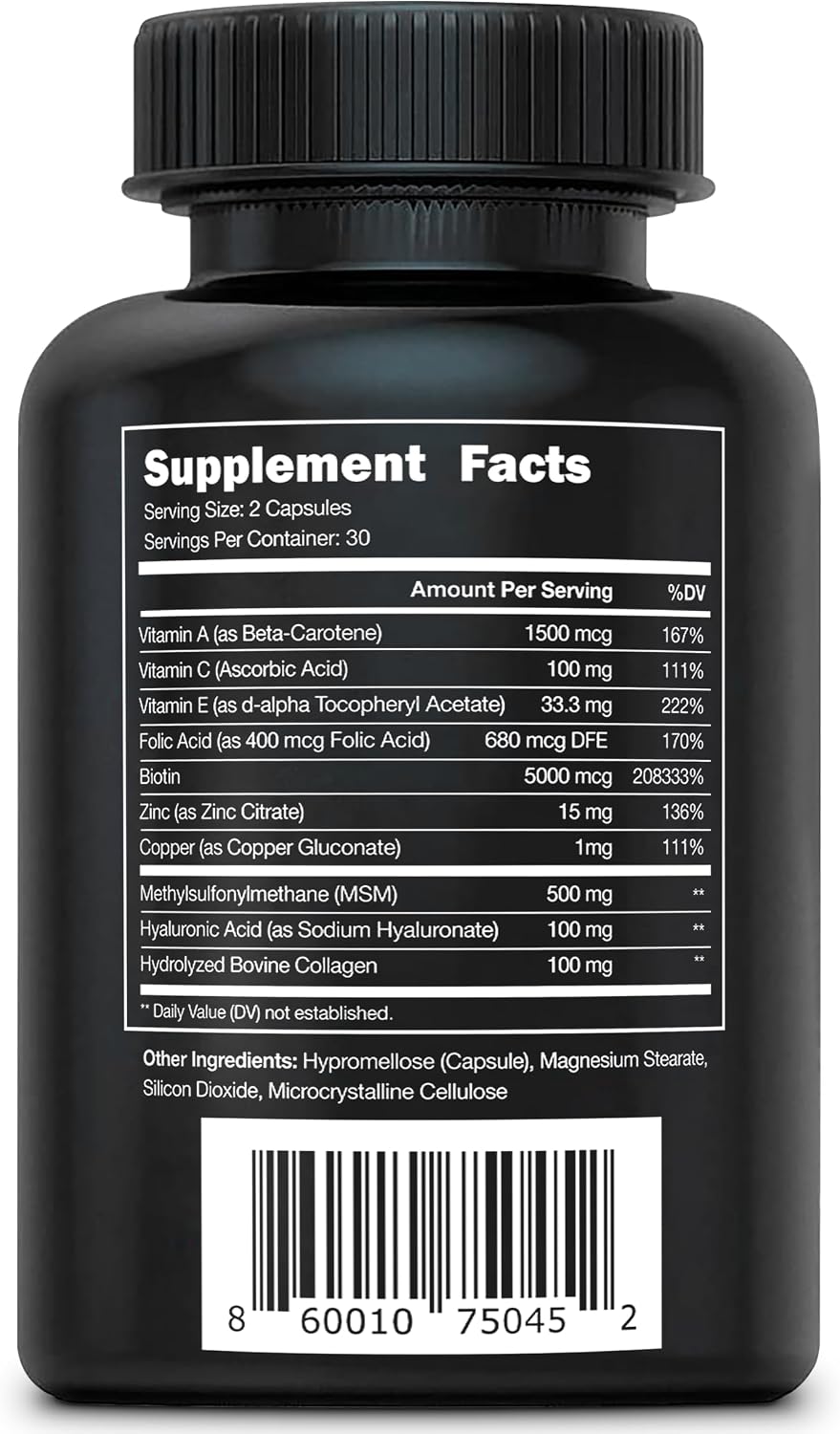 Vital Vitamins Biotin Complex with Collagen & Hyaluronic Acid | 5,000mcg Biotin, MSM & Vitamin C for Hair, Skin & Nails, Non-GMO, For Women & Men, 60 Capsules check Gsupps Australia