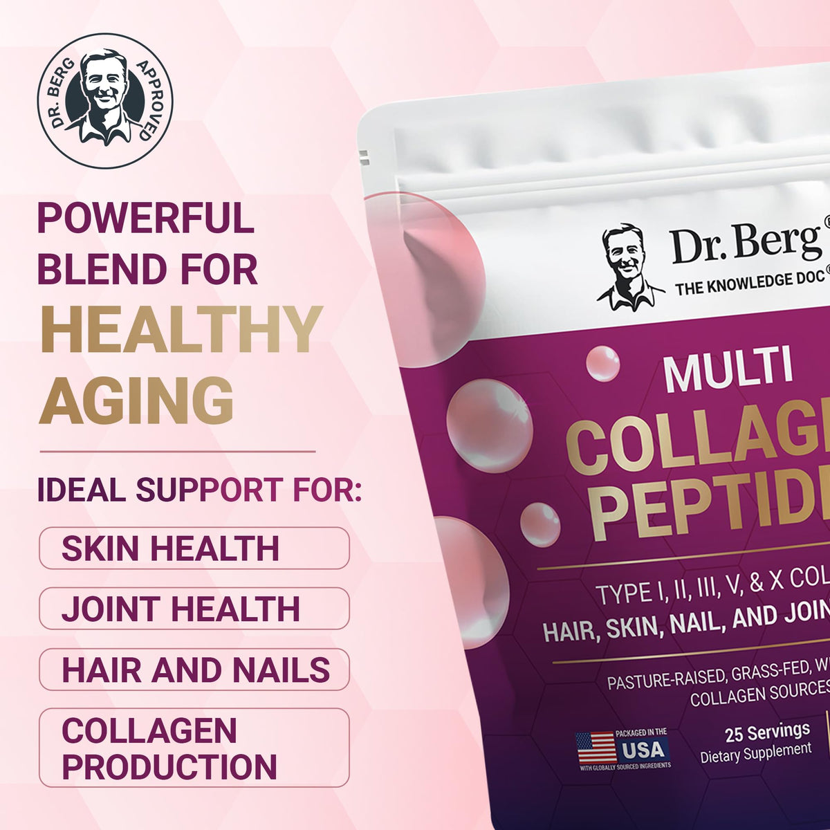 Dr. Berg Multi Collagen Peptides Powder Types I, II, III, V, X - Unflavored Collagen Powder w/ 14 g of Protein - Grass-Fed Dr. Berg Nutritionals