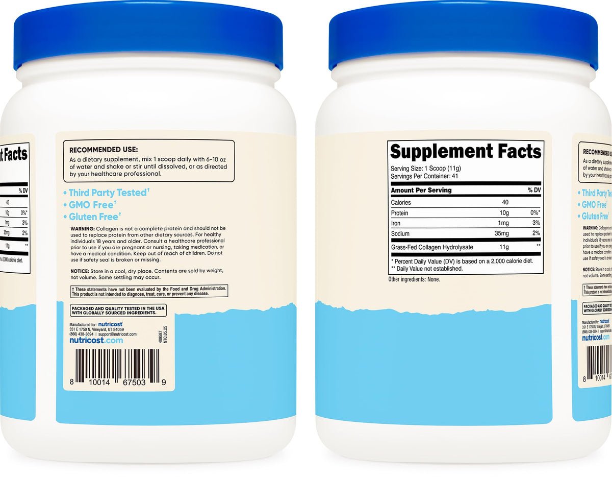 Nutricost Collagen Peptides Powder 1LB (454 G) - Grass Fed Bovine Collagen Hydrolysate (Unflavored) Nutricost
