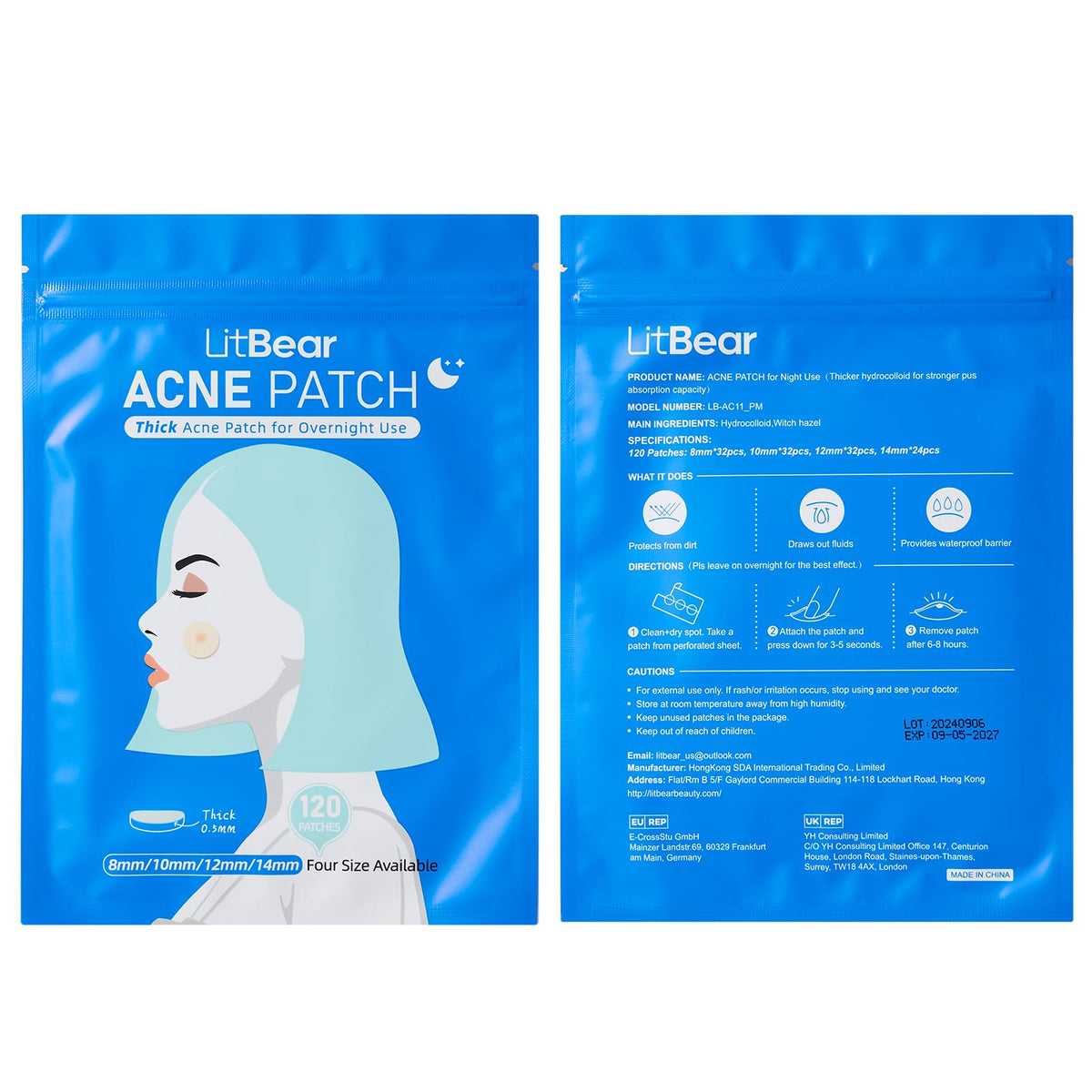 LitBear Acne Pimple Patches- Day and Night 4 Sizes 180 Dots Thin & Thick Hydrocolloid Patches with Witch Hazel, Tea Tree & Calendula Oil, Pimple Stickers for Covering Zits, Spots, Acne Dots LitBear