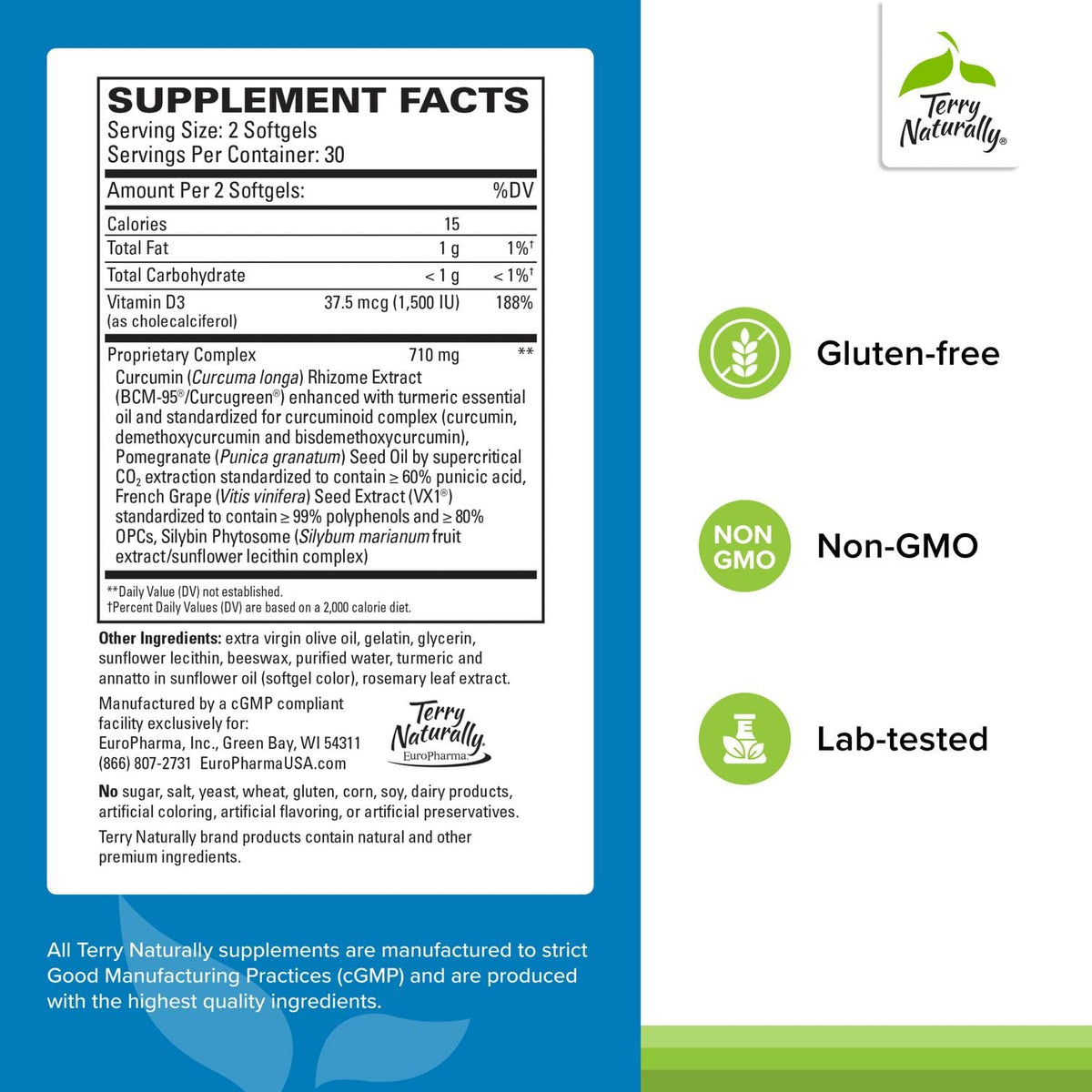 Terry Naturally Healthy PSA Levels - Dietary Supplement for Healthy Prostate & Hormone Balance Support - Herbal Supplement with Curcumin, Turmeric Essential Oil & Grape Seed Extract - 60 Softgels Terry Naturally