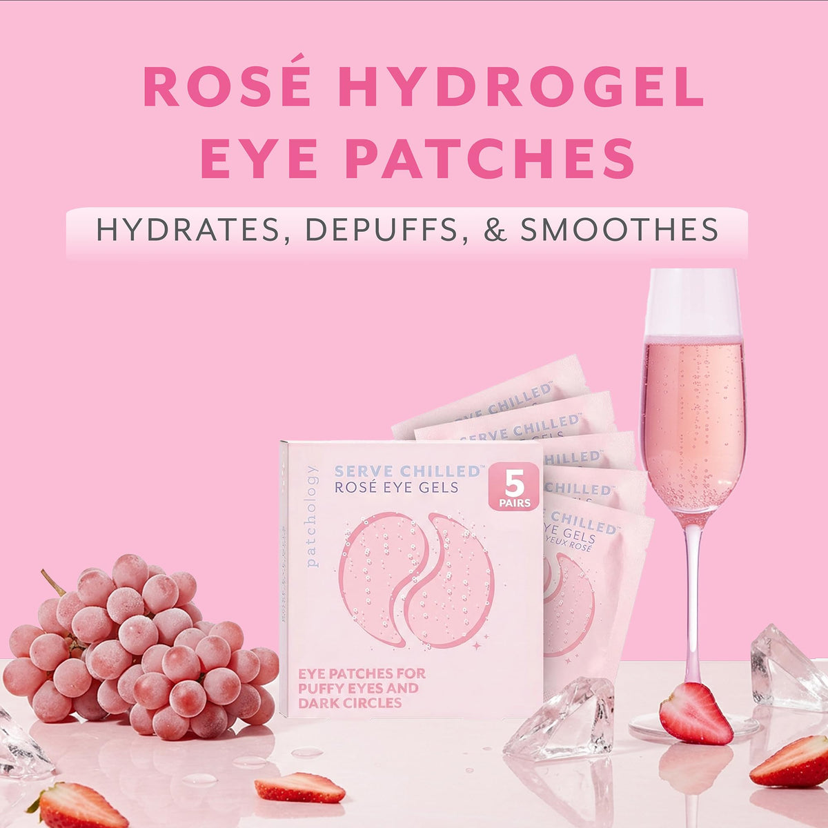 Patchology Serve Chilled Rosé Hydrating Under Eye Patches – Hyaluronic Acid & Antioxidant-Infused Eye Masks to Reduce Dark Circles Patchology