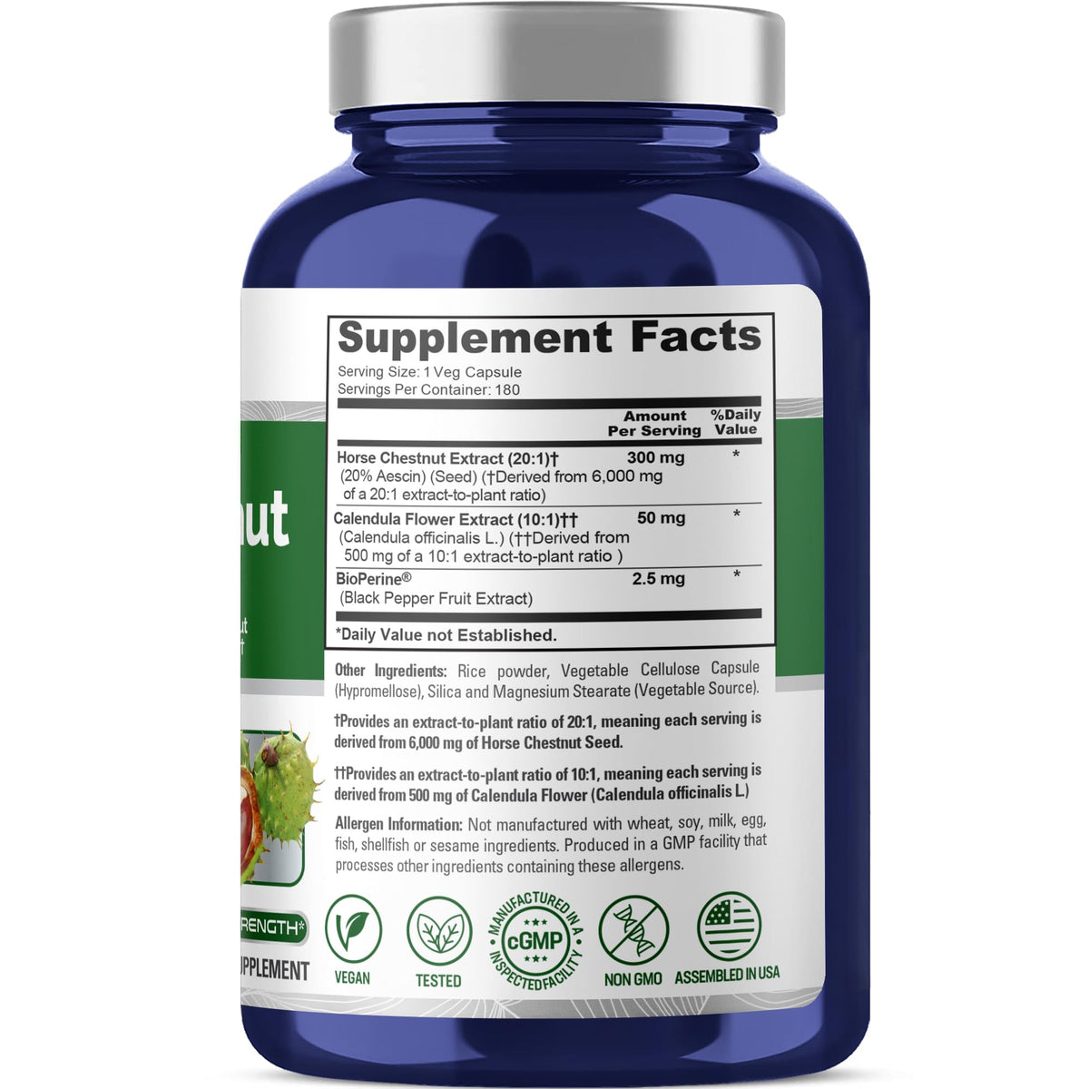 NusaPure Horse Chestnut 20:1 Extract, 300 mg Equivalent to 6,000mg 180 Veggie Caps Non-GMO, Vegan, BioPerine, Calendula Flower NusaPure