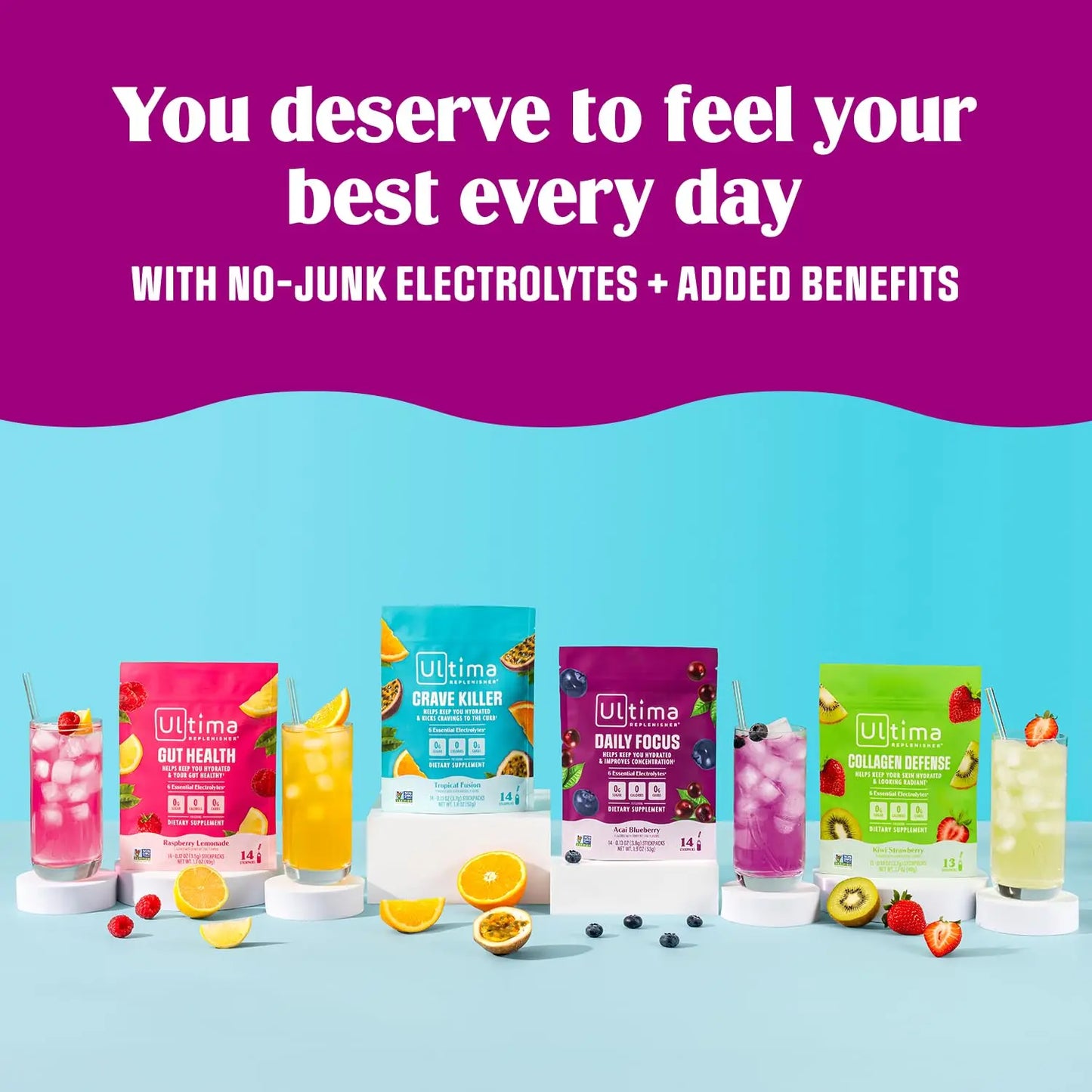 Ultima Replenisher Daily Focus Supplement & Electrolytes Powder - Acai Blueberry, 14 Stickpacks - Hydration Packets, 60mg Caffeine from Green Tea Extract & L-Theanine Ultima Replenisher