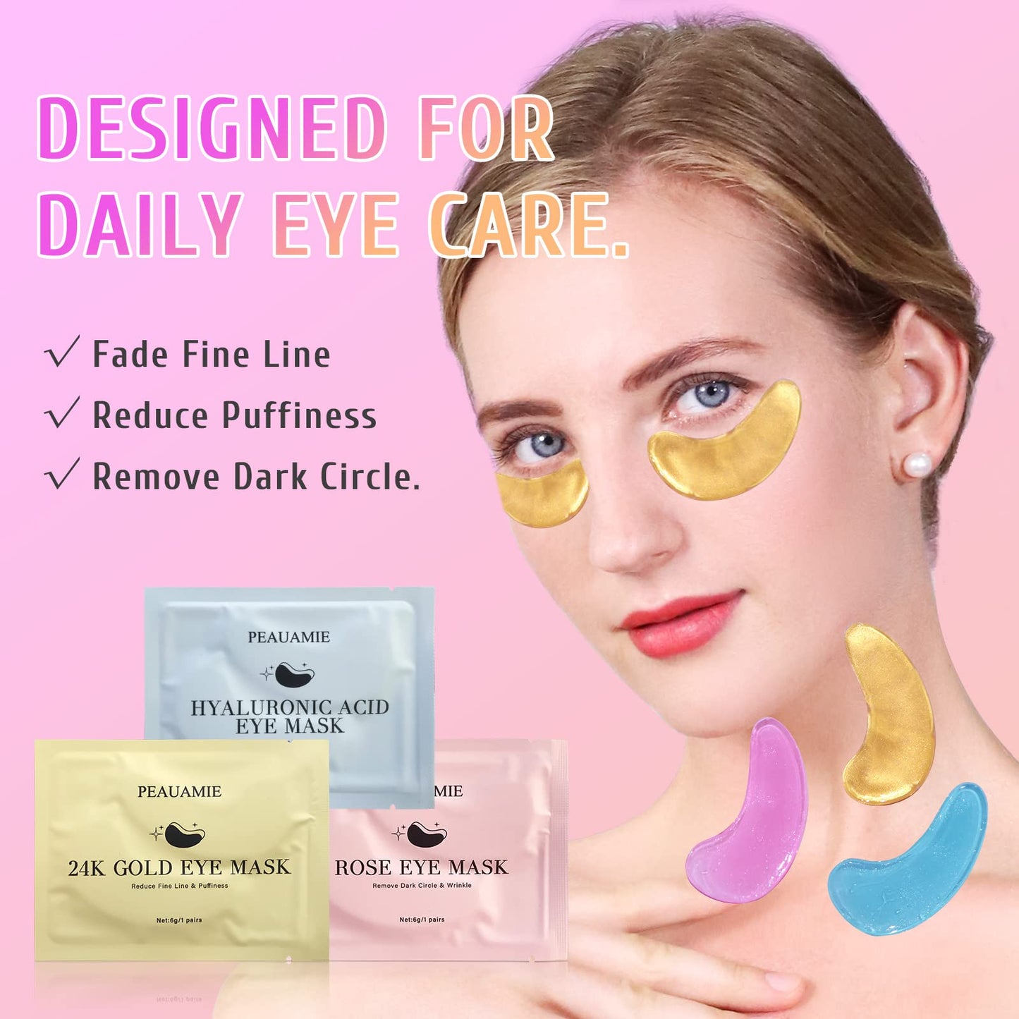 PEAUAMIE Under Eye Patches Gold and Hyaluronic Acid for puffy eyes,Rose Eye Masks PEAUAMIE
