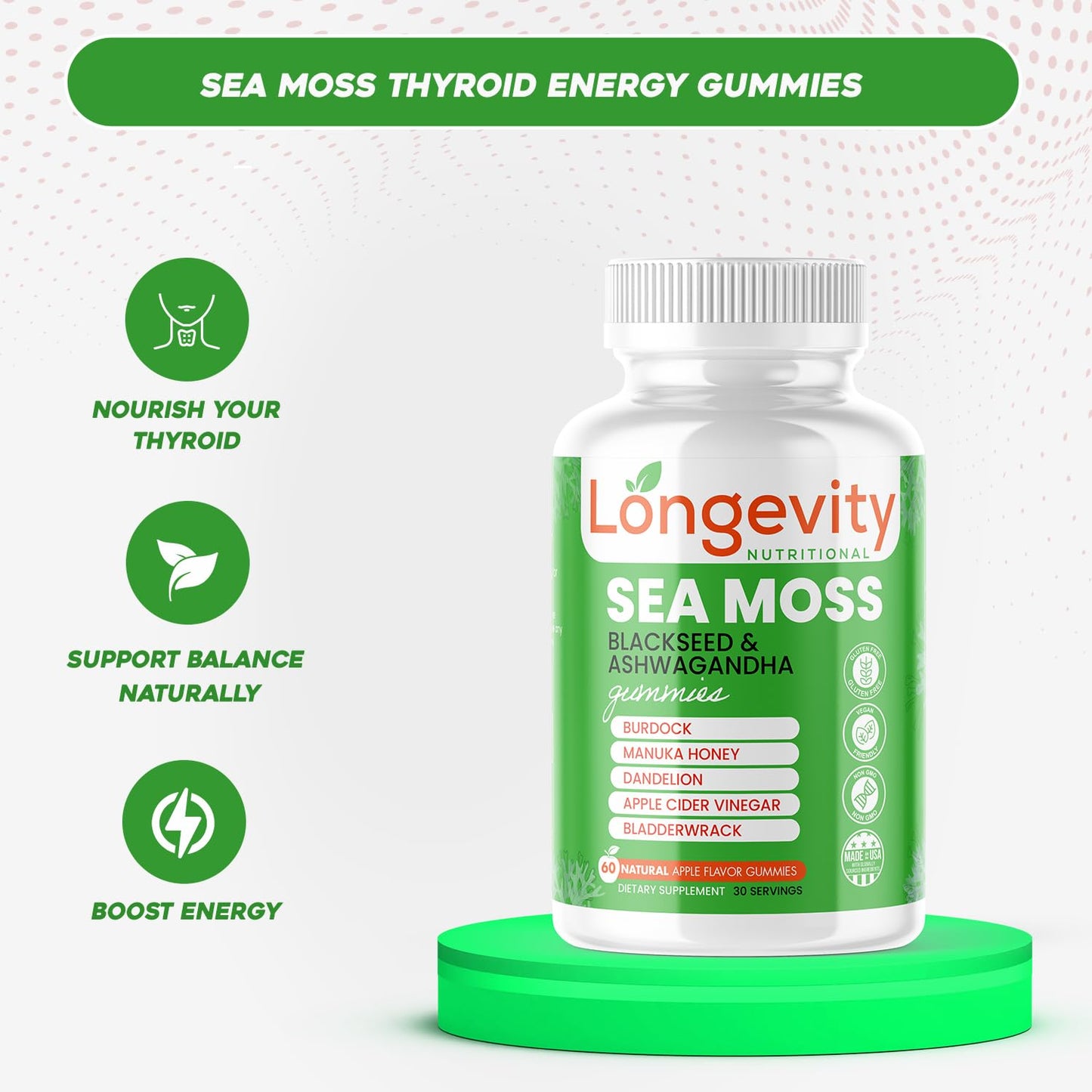 Longevity Nutritional Sea Moss, Thyroid Energy Vitamins Mineral Burdock Manuka Honey Dandelion Apple Cider Bladderwrack Ashwagandha Extract Turmeric Antioxidant Boost Immune Superfood Gummies Longevity Nutritional