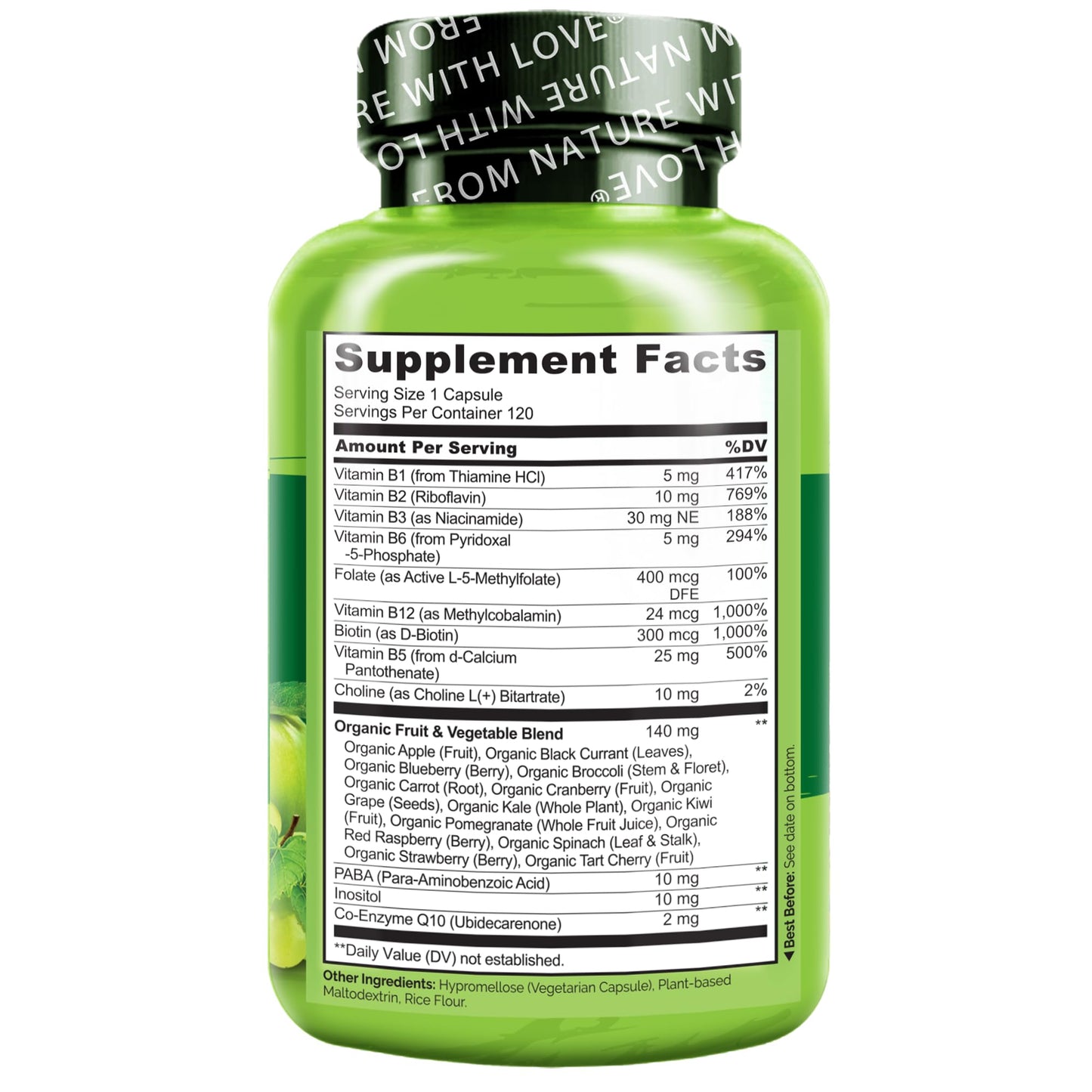 NATURELO Vitamin B Complex,120 Capsules, Vegan, CoQ10, Methyl Folate, Biotin, Fruit & Veg Blend, Supports Energy and Healthy Stress Response NATURELO