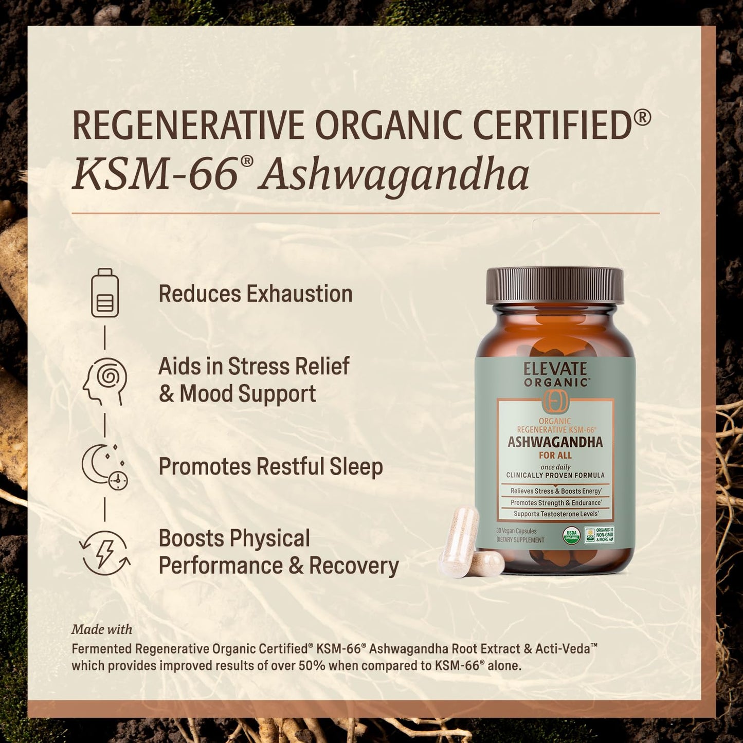 ELEVATE ORGANIC Regenerative Fermented KSM-66 Ashwagandha Vegan Capsules with Acti Veda™ (600mg, 30 Servings), Up to 150% More Effective Than KSM-66 Alone ELEVATE ORGANIC