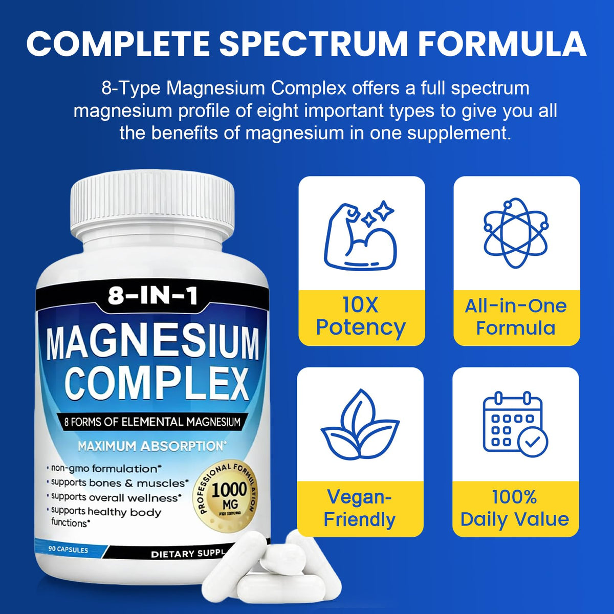 Magnesium Complex Supplement 8-in-1 Elemental 1000mg, Magnesium Glycinate, Malate & Citrate, Vegan, Non-GMO 90 Capsules MIRACLE OFFICIAL