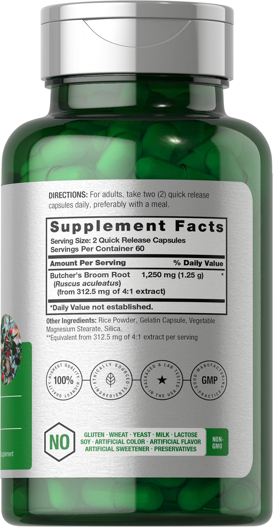 Butchers Broom Capsules 1250mg | 120 Count | Non-GMO, Gluten Free | Traditional Herb Horbäach