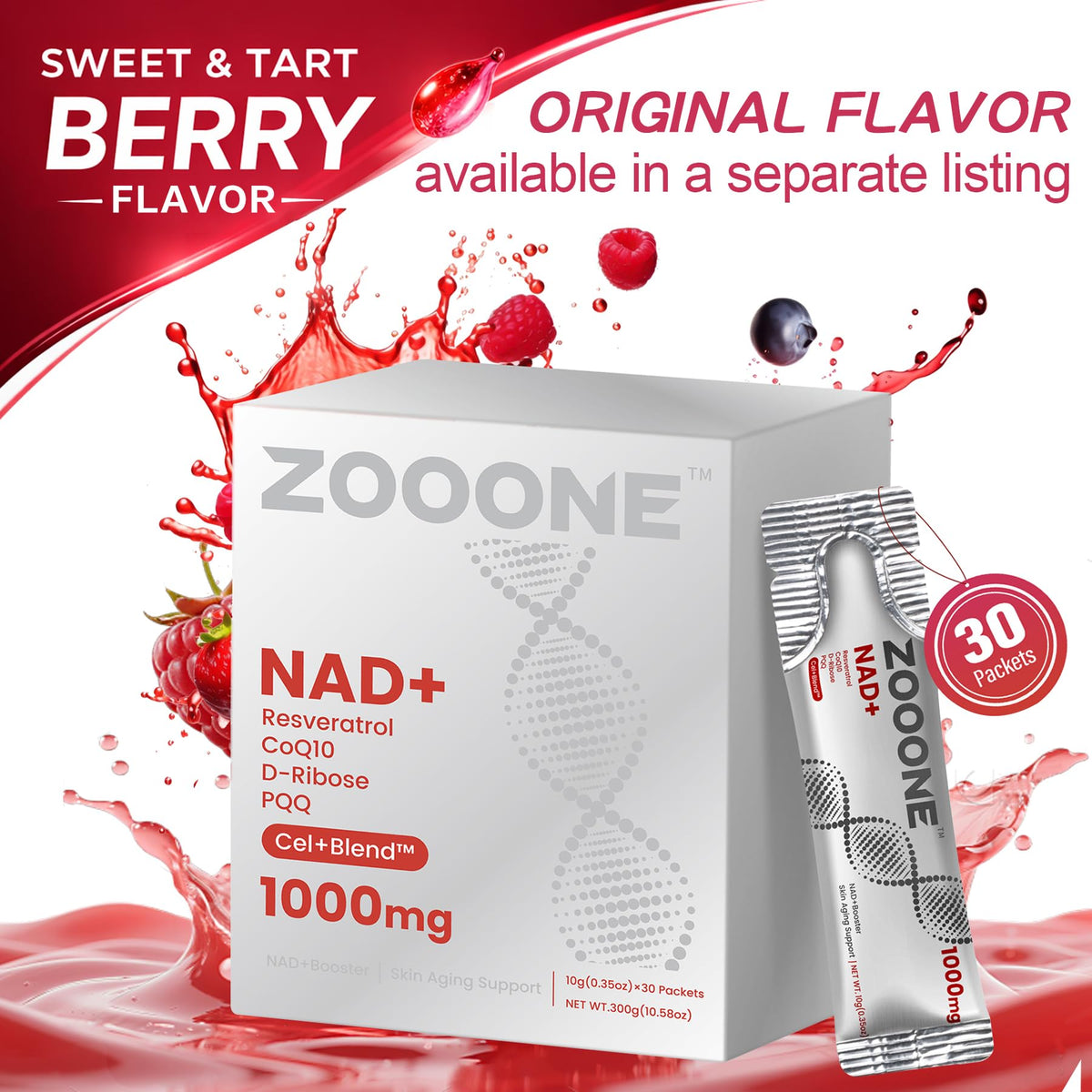 zooone NAD+ Supplement with Resveratrol, Liquid Designed to Help Support Absorption, 1000mg NMNH Supplement Alternative for Anti-Aging, Boost Energy, Support Cellular, 30 Pockets zooone