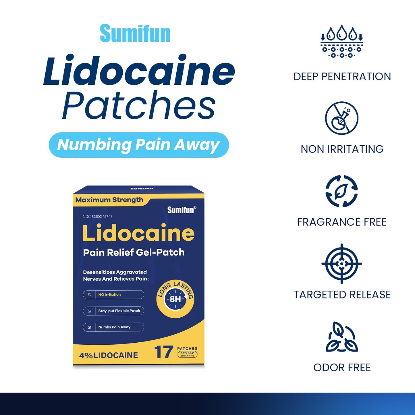 Sumifun 4% Lidocaine Patches Maximum Strength - Pain Relieving Gel Patch for Muscle Soreness, Back Ache, Knee, Neck & Joint Pains - Topical Analgesic (Large, Count, 17) Sumifun