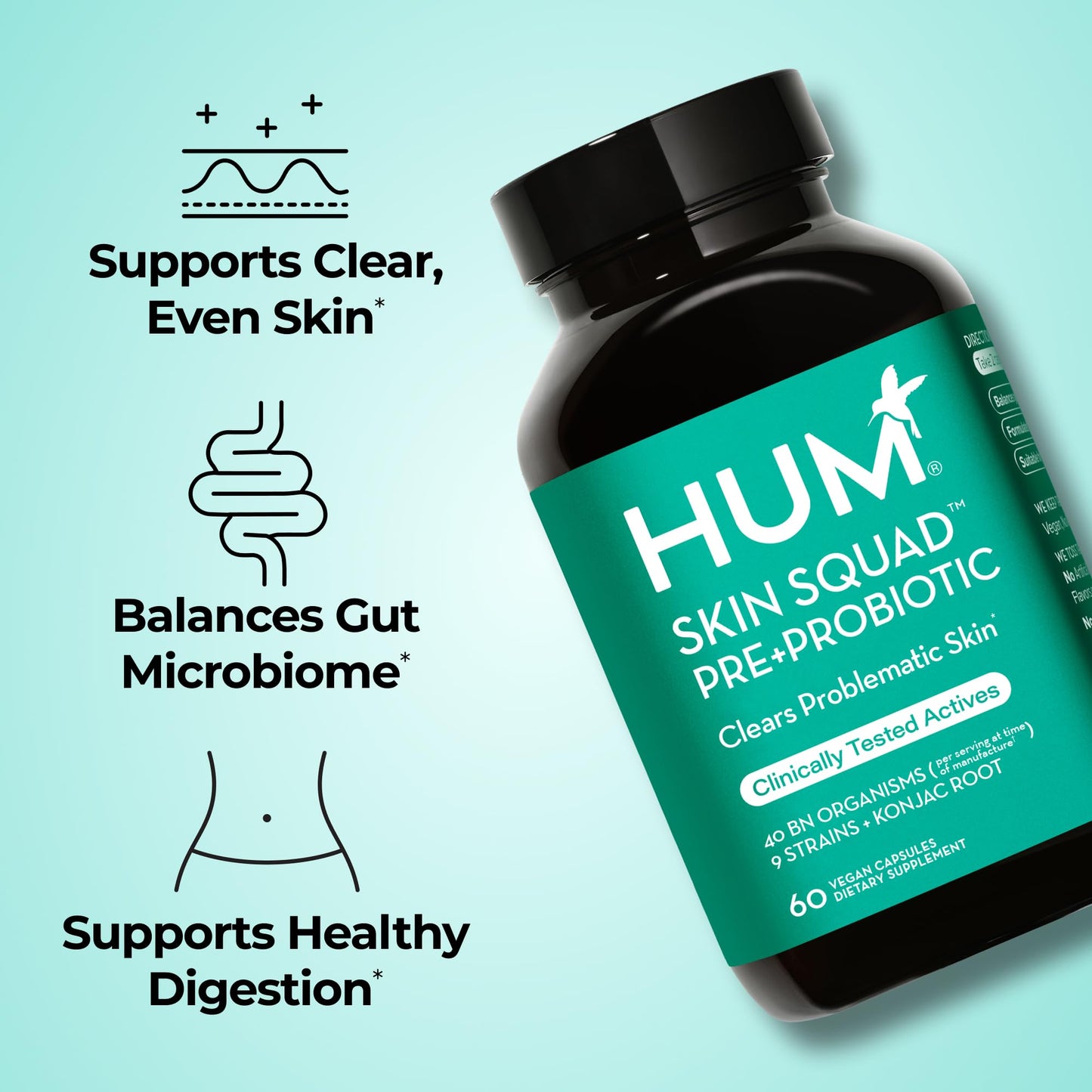 HUM Skin Squad Probiotics for Women and Men, Skin Care Supplement for Clear Complexion & Gut Health Support, Microbiome Prebiotic & Probiotic Supplement for Breakouts, Digestive Health, 60 Capsules HUM