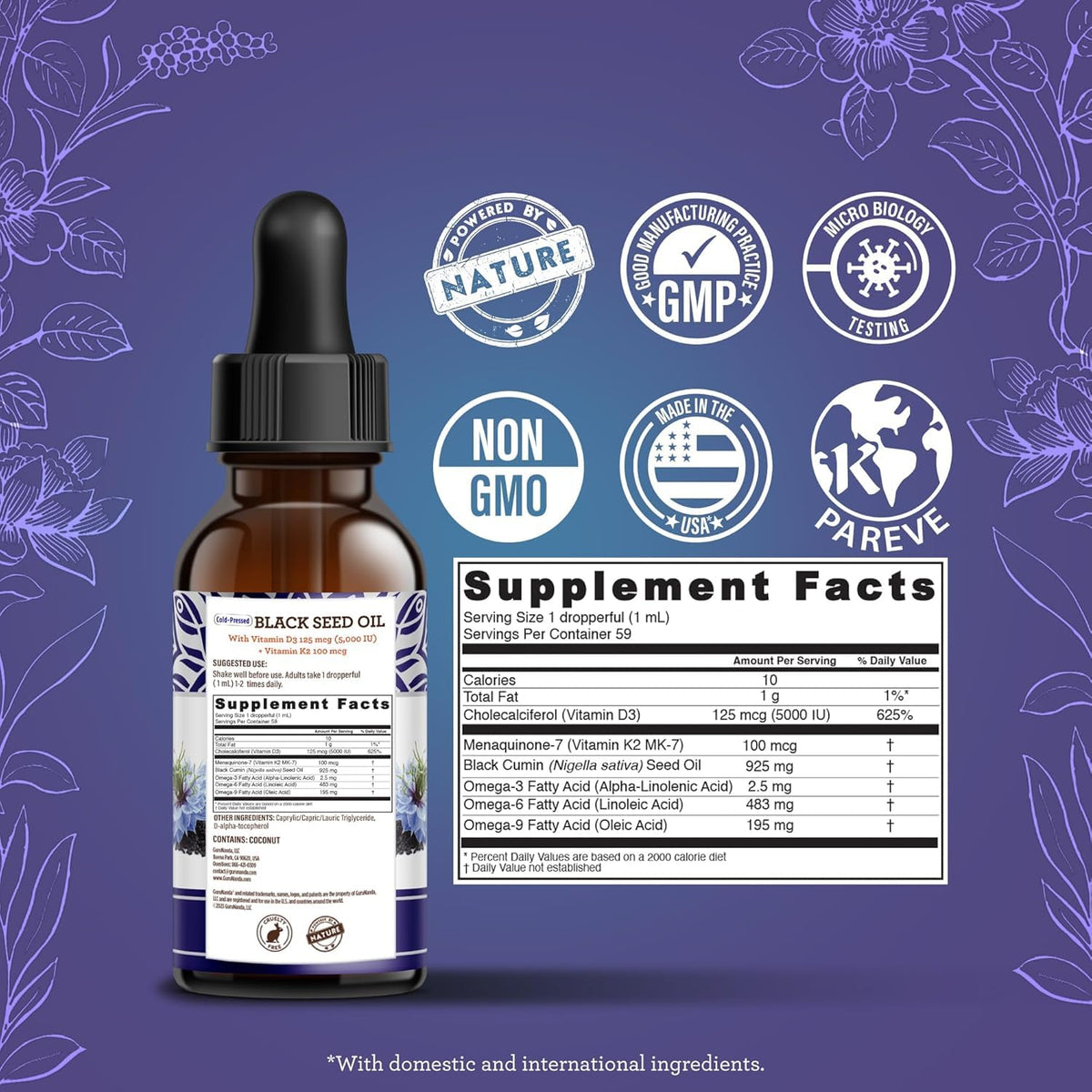 GuruNanda Black Seed Oil, Cold-Pressed Nigella Sativa - Rich in Vitamin D3 5000 Units, K2 & E, High Thymoquinone | Potent Antioxidant GuruNanda