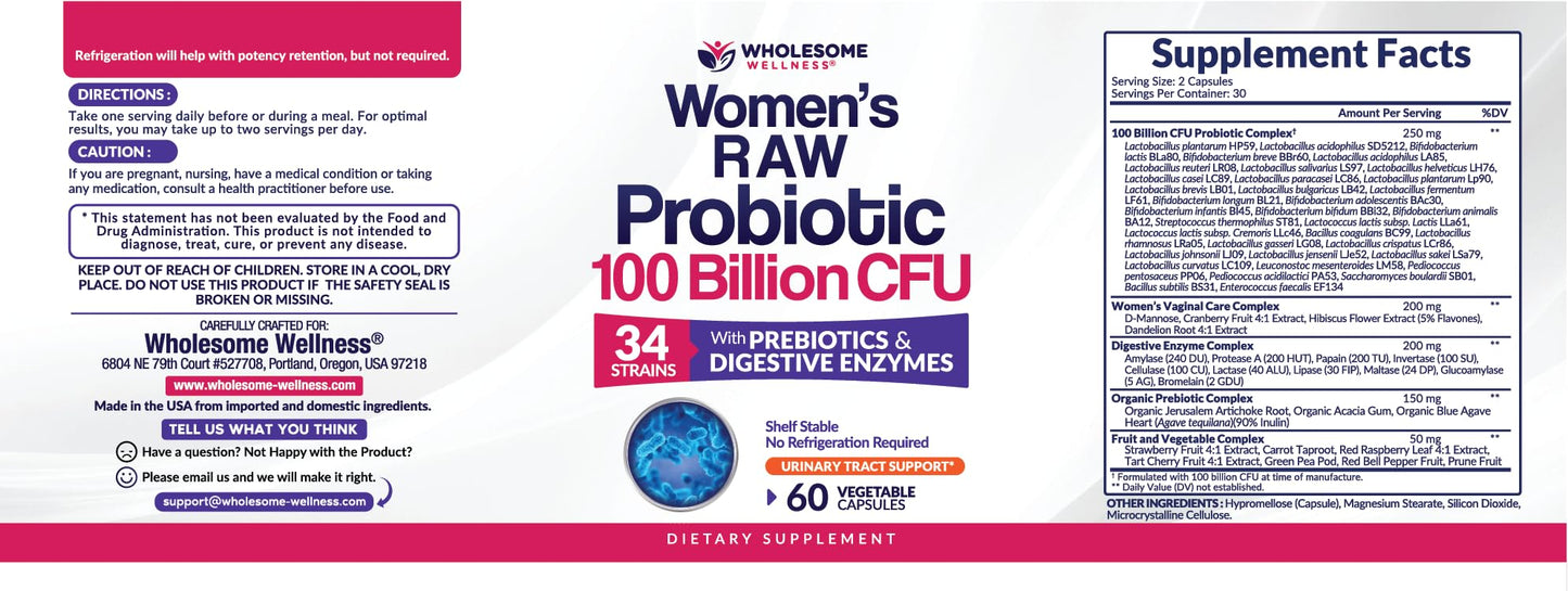 Wholesome Wellness Dr. Formulated Raw Probiotics for Women 100 Billion CFUs Capsules with Prebiotics, Digestive Enzymes Wholesome Wellness