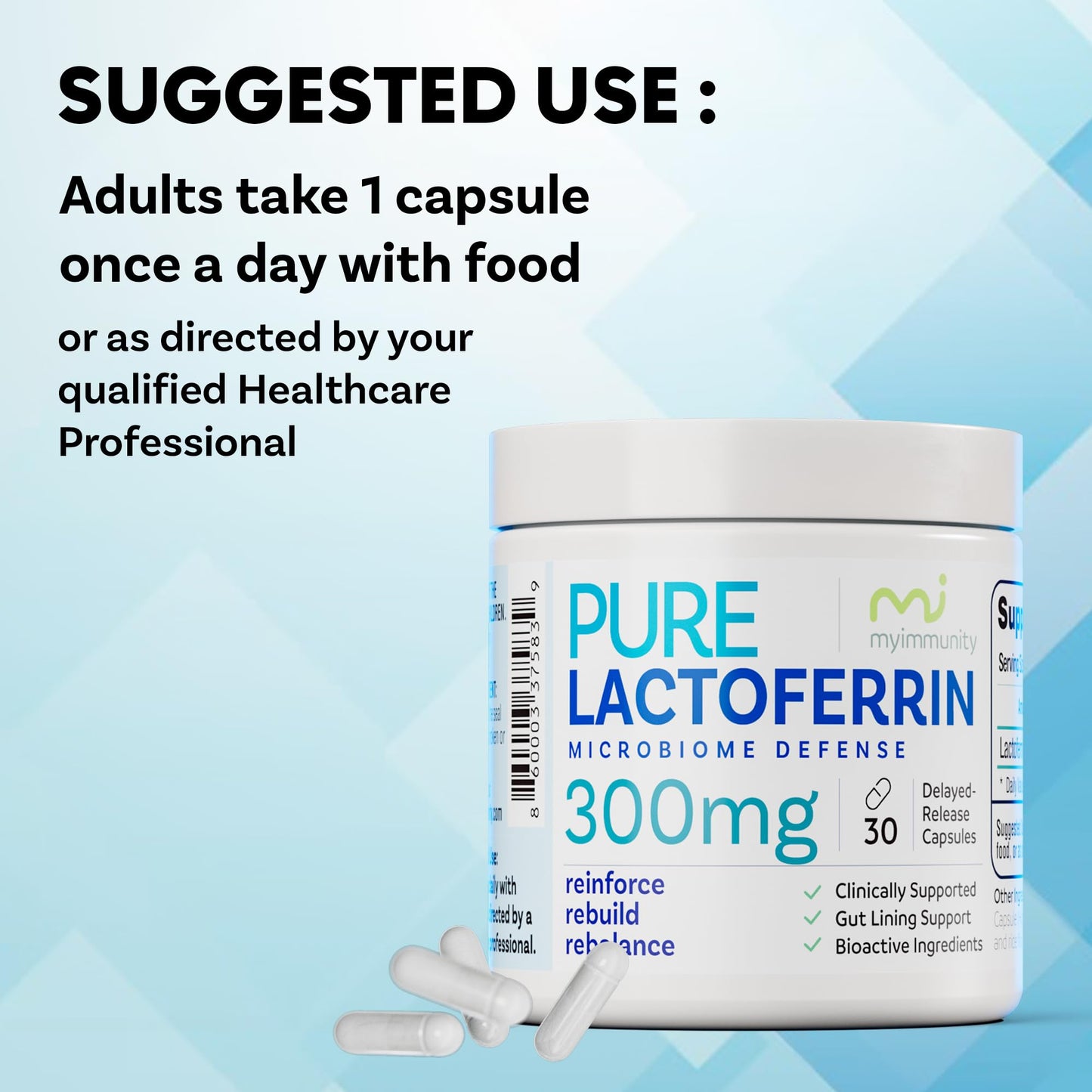 Lactoferrin 300mg Delayed Release Capsules - MyImmunity Premium Immune Support Supplement with Iron Absorption - Freeze Dried, Non-GMO, Gluten Free, Vegetarian - 30 Count (1 Month Supply) MyImmunity