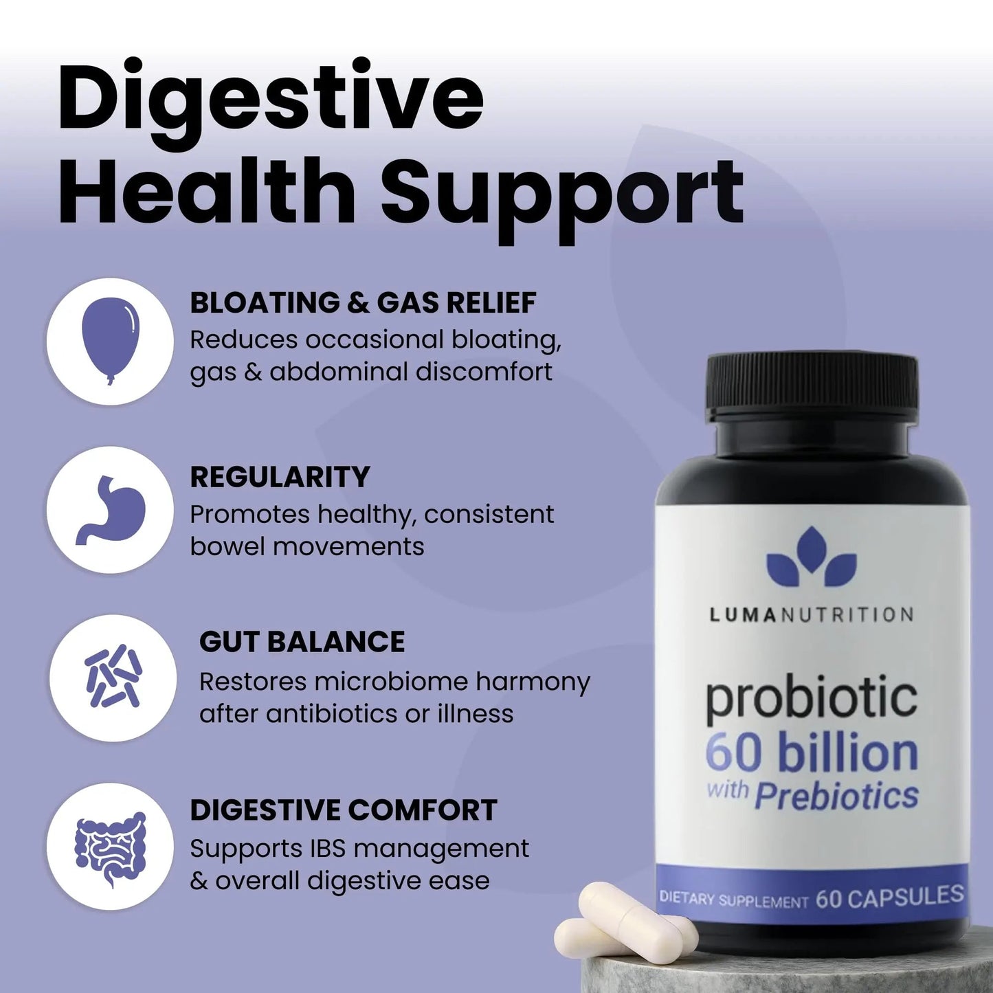 Luma Nutrition Probiotics 60 Billion CFU with Prebiotics - Probiotics for Women and Men - Formulated for Digestive Enzyme Health - Vegan & Gluten-Free - 60 Capsules Luma Nutrition