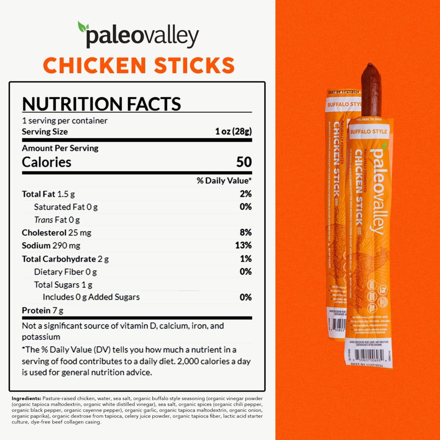 Paleovalley Pasture-Raised Chicken Sticks – 10 Pack – 7g Protein per Stick – Keto-Friendly, Paleo, Gluten-Free, Nitrate-Free – On-the-Go Snack (10 Pack, Buffalo) Paleovalley