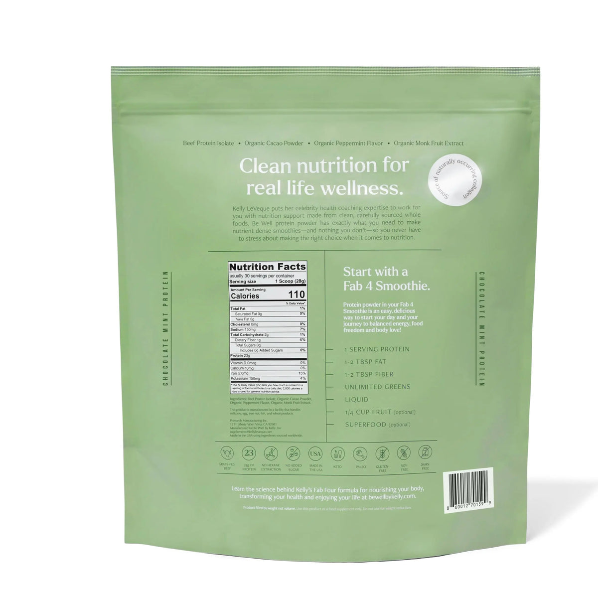 Be Well by Kelly Mint Chocolate Grass-Fed Beef Protein Powder, 23G of Protein & 1G of Carbs (4 Ingredients, 30 Servings) 9 Amino Acids + 3 BCAAs No Soy, Be Well by Kelly LeVeque