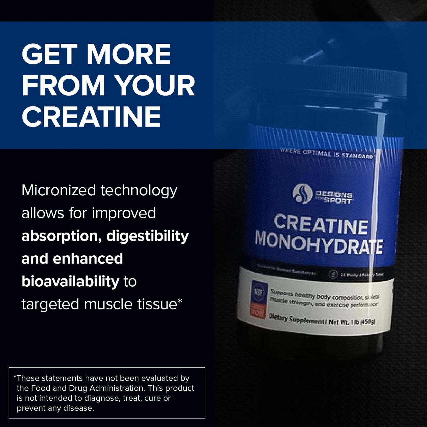 Designs for Sport Micronized Creatine Monohydrate Unflavored Powder - NSF Certified for Sport, 90 Servings, Supports Muscle Recovery, Brain Health, Pre and Post Workout Strength Designs for Sport