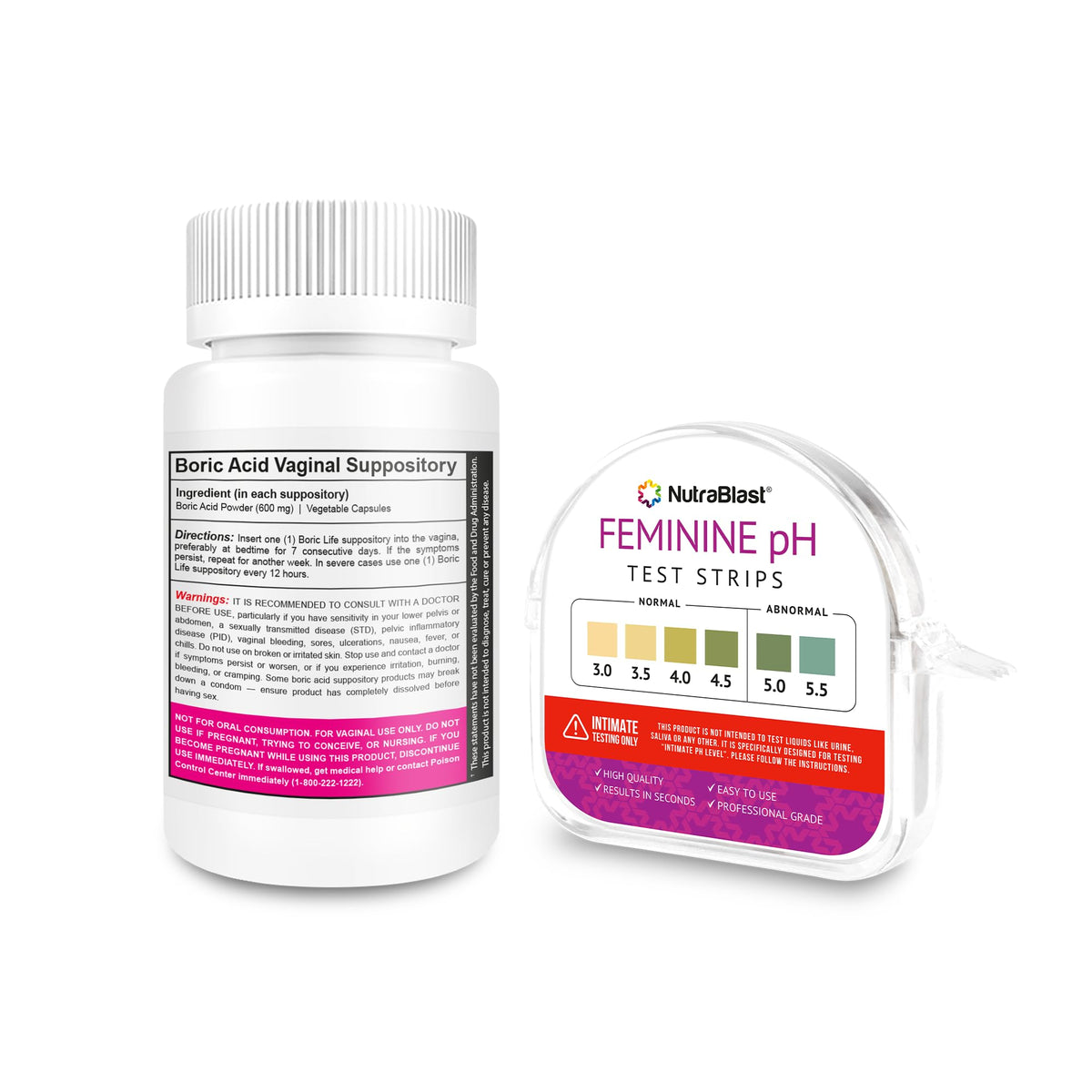 NutraBlast Boric Acid Suppositories 600mg (30 Count) Bundle with Feminine pH Test Strips 3.0-5.5 (100 Tests Roll) | Monitor Intimate Health | Accurate Women’s Acidity & Alkalinity NutraBlast