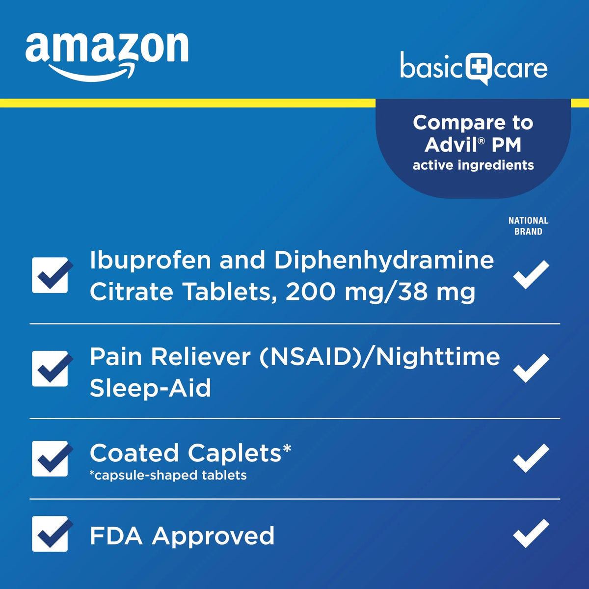 Amazon Basic Care Ibuprofen PM, Ibuprofen 200 mg and Diphenhydramine Citrate 38 mg, Pain Reliever and Nighttime Sleep-Aid, Capsule-Shaped Tablets, 120 Count Amazon Basic Care