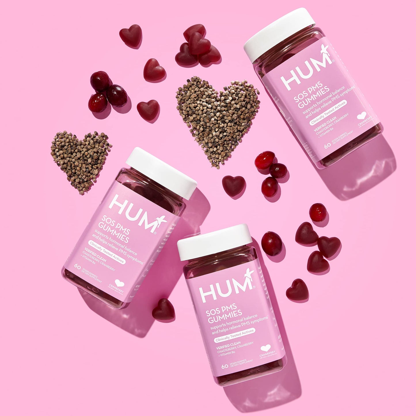 HUM Nutrition SOS PMS Gummies, PMS Support Supplement for Women, Support Cycle Symptoms, Bloating, Hormonal Balance, Includes Vitamin B6, Cranberry & Chasteberry Vitex, Gluten Free, 60 Vegan Gummies