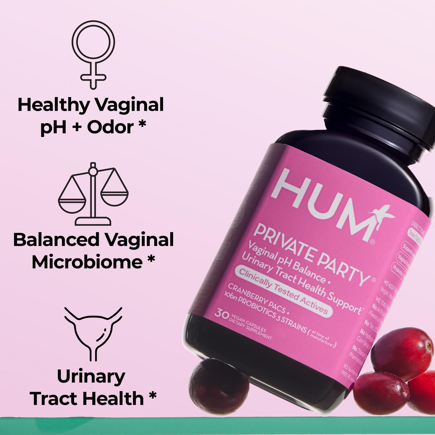 HUM Private Party Vaginal Probiotics for Women, pH Balance and Urinary Tract Support Vaginal Probiotic Supplement with Cranberry & Lactobacillus Blend, Women's Health Cranberry Pills, 30 Capsules HUM