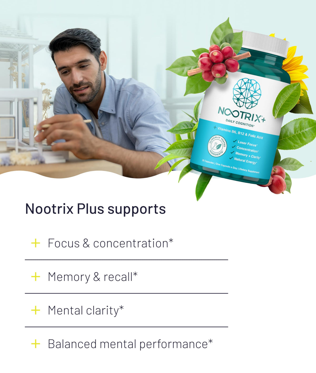 Nootrix Brain Plus Nootropic Supplement | Supports Memory, Mental Focus, Cognitive Health & Energy | Promotes Healthy Mood & Brain Function | Vitamin B1, Vitamin B6 & Vitamin B12 | 30 Capsules Nootrix