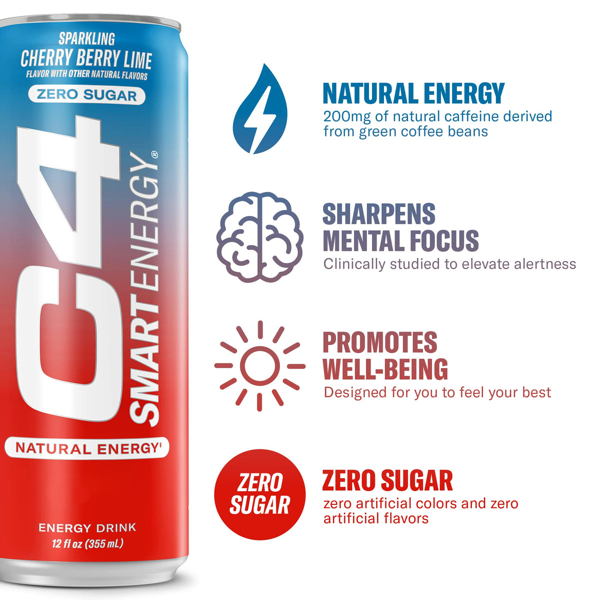 Cellucor C4 Smart Energy Drink - Sugar Free Performance Fuel & Nootropic Brain Booster, Coffee Substitute or Alternative | Cherry Berry Lime 12 Oz - 12 Pack C4