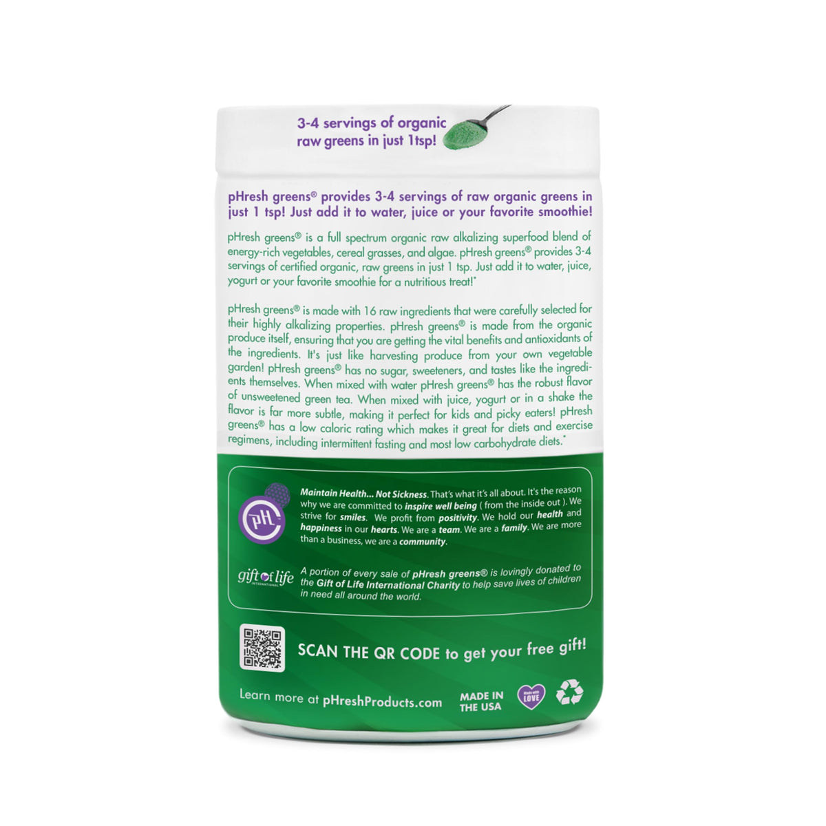 pHresh - Greens Raw Alkalizing Superfood Greens Powder - 2 Month Supply - Vegan, Kosher, Gluten Free - Natural Enzymes, Nutrients - Approved for Intermittent Fasting - 10 oz Phresh Products