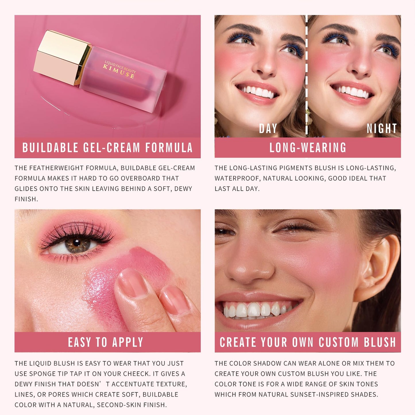 KIMUSE Liquid Blush, Long-Wearing Pigmented Soft Cream Face Blush, Waterproof, Smudge Proof, Dewy Finish KIMUSE