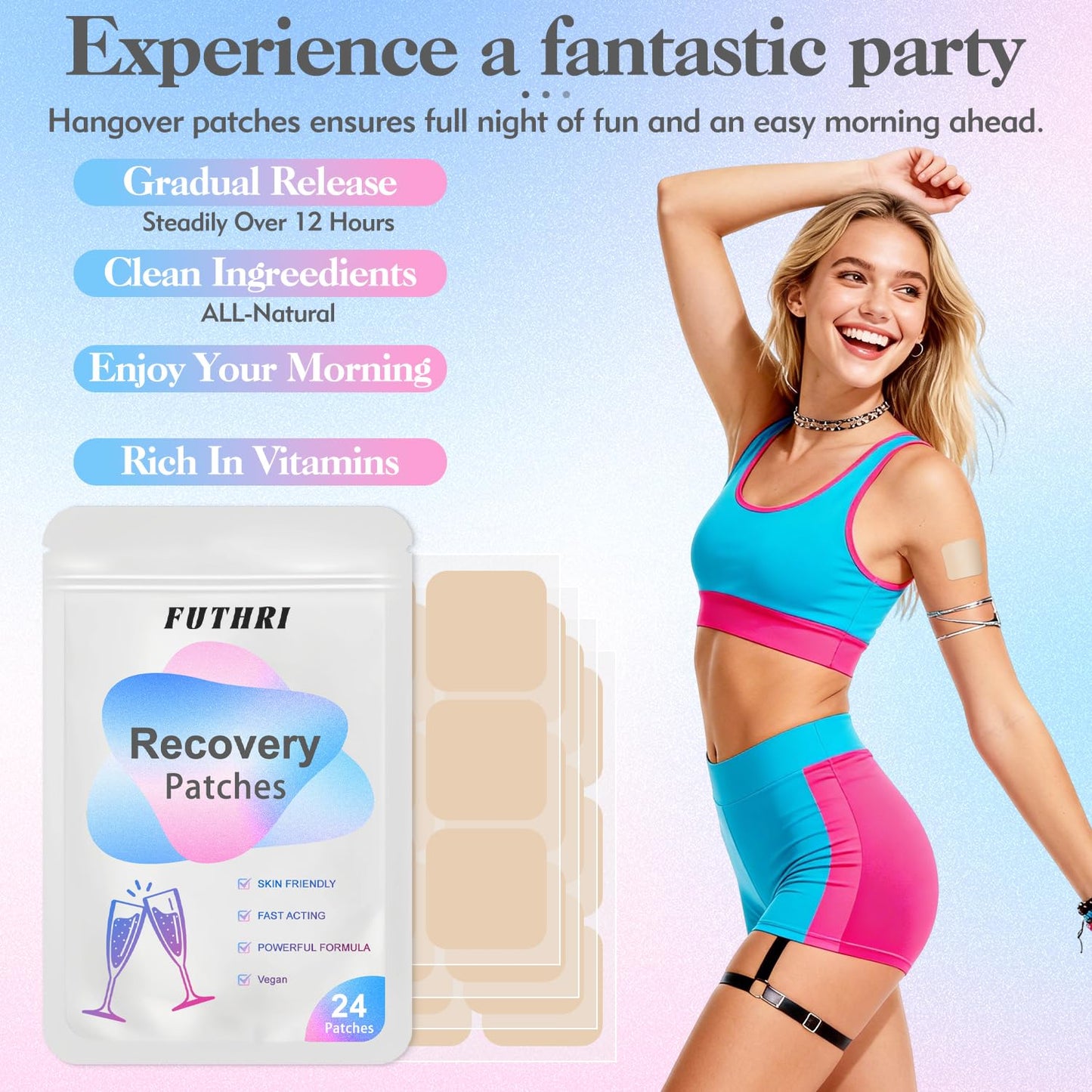 FUTHRI Recovery Patch 24 Pack: Wake Up Refreshed with Natural Ingredients - Waterproof & Skin-Friendly - Pre-Drink Patch for Festivals & Nights Out FUTHRI