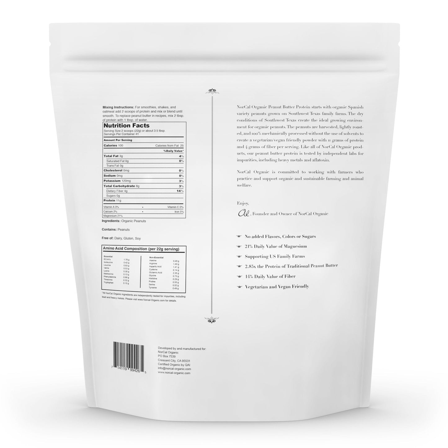 Norcal Organic Peanut Butter Protein Powder - 2lb | Vegan, Low-Cal, 11g Protein NorCal Organic