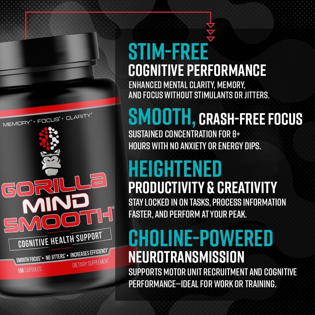 Gorilla Mind Smooth Nootropic Formula - Best Non-Stimulant Productivity Supplement/Memory · Focus · Mental Clarity · No Jitters / 150 Capsules