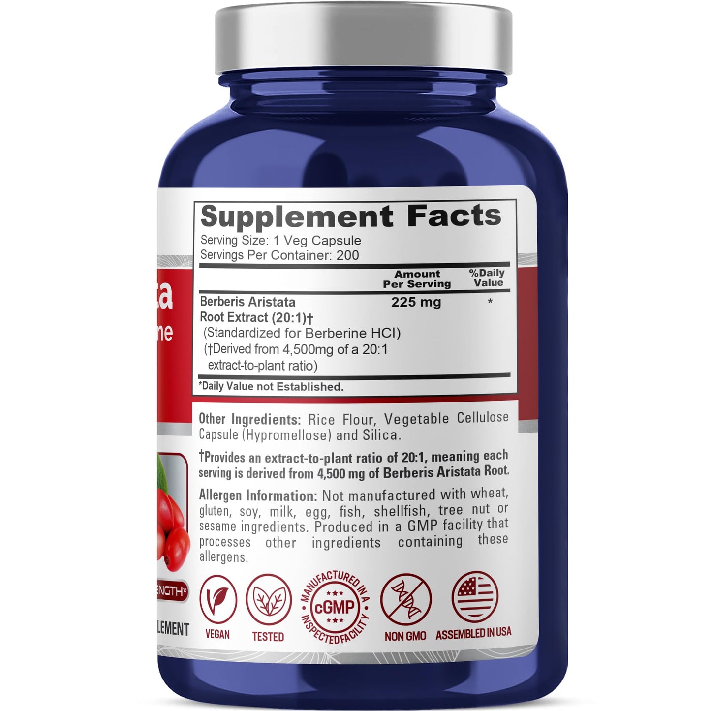 NusaPure Berberine HCI 20:1 Extract, 225 mg Equivalent to 4,500mg - 200 Veggie Caps - (Vegetarian, Non-GMO, Vegan) NusaPure