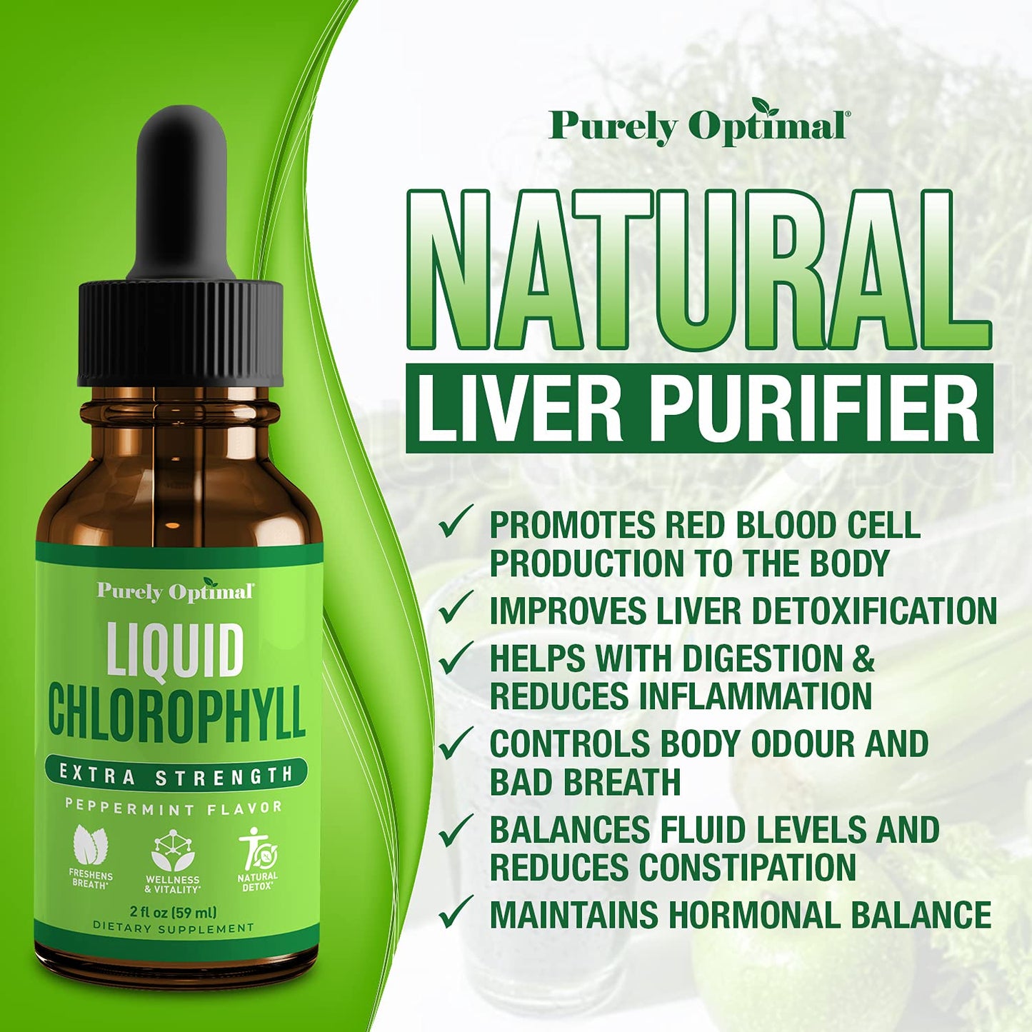 Premium Chlorophyll Liquid Drops - 100% Natural & Gluten Free Liquid Chlorophyll Purely Optimal