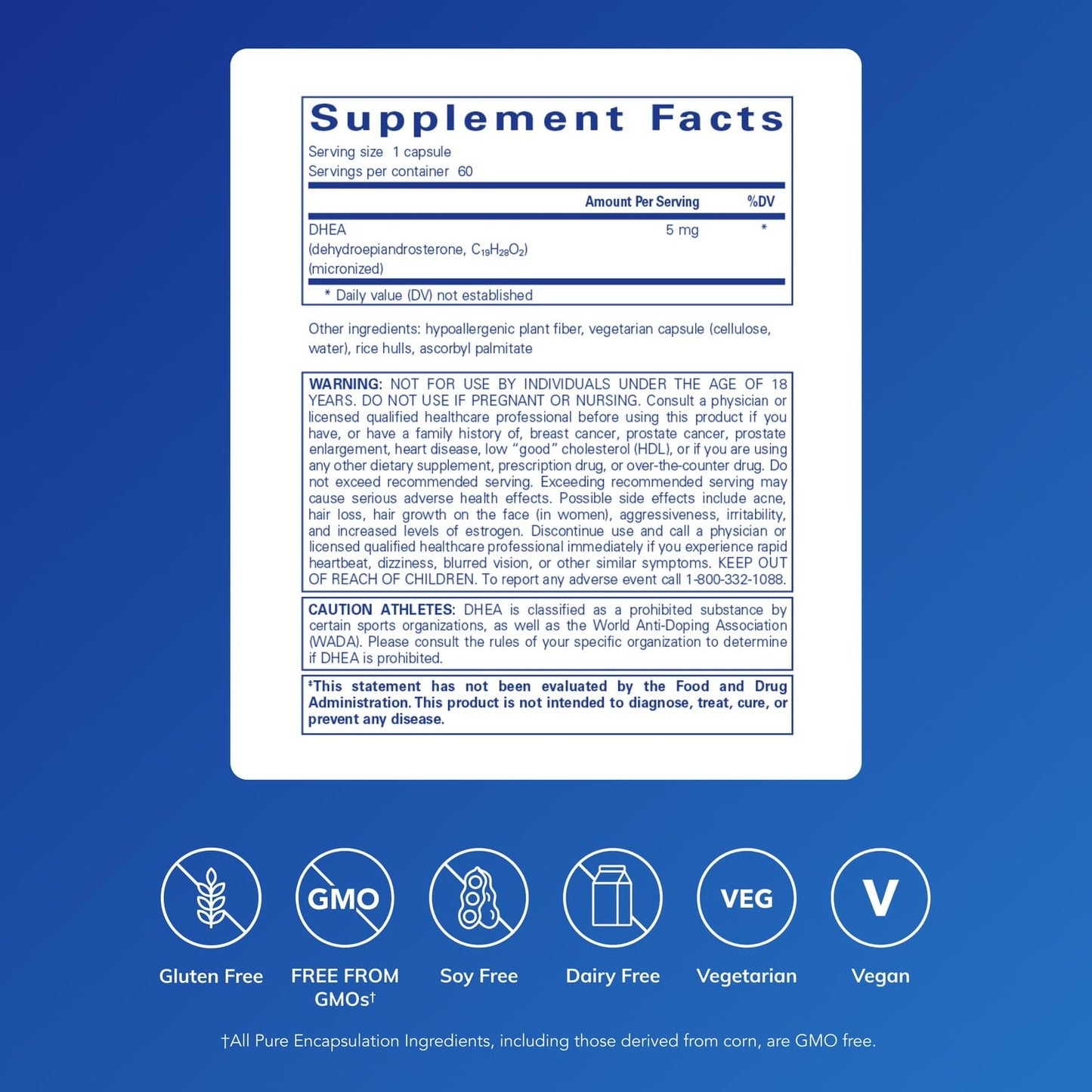Pure Encapsulations DHEA 5 mg - Immune Support & Hormones Balance* - Micronized DHEA - Gluten Free & Vegan - 60 Capsules Pure Encapsulations